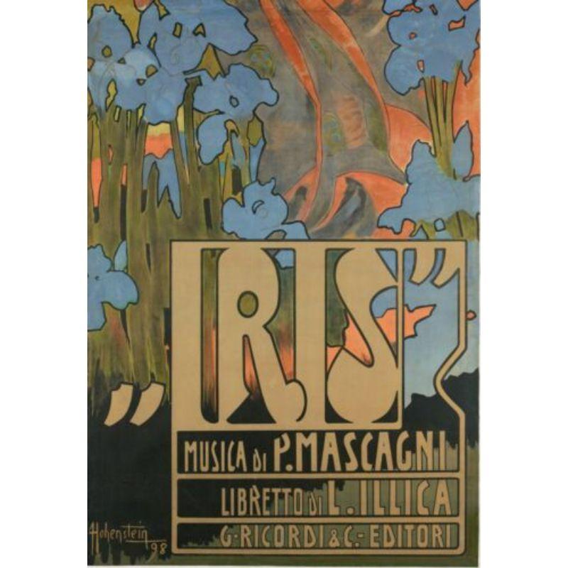 Original Poster-Hohenstein-Iris-Ico Italian-Mascagni-Japan, 1898

On the poster, a woman draped in a loose dress with a silk scarf, surrounded by irises, evokes the work of Alphonse Mucha. Hohenstein brings amazing colors using a palette never