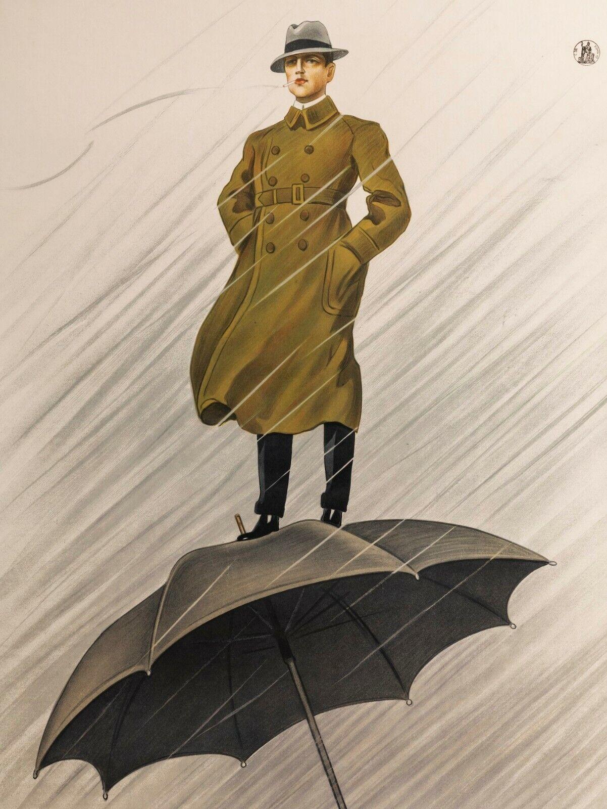 Original Poster-L. Metlicovitz-Impermeabili Moretti-Fashion-Milano, c.1920

This italian poster depict a smartly dressed man wearing a raincoat, a hat and smoking a cigarette. He stands in the rain on an umbrella to show that his new coat is both