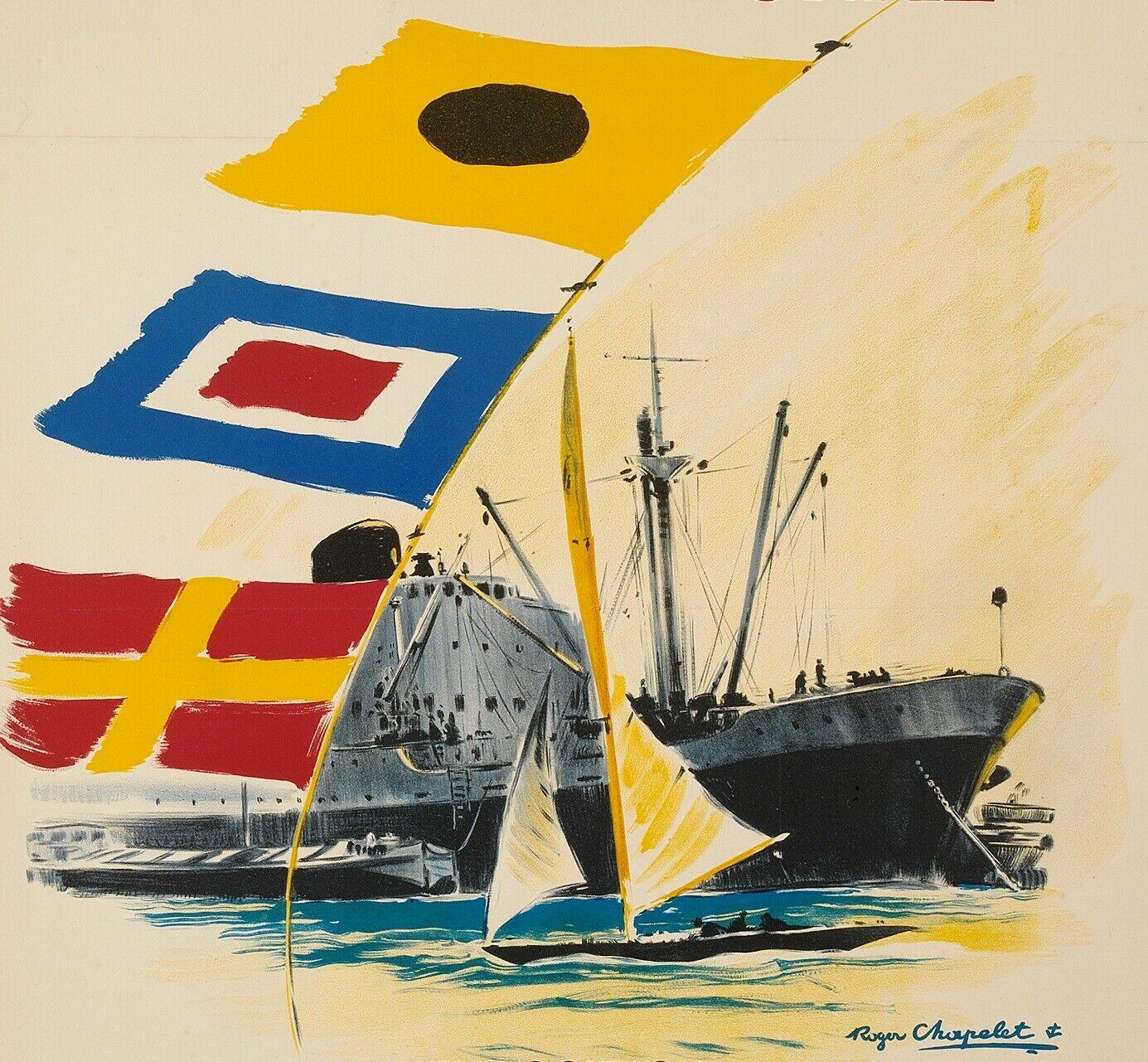 Original Vintage boating poster for the Paris boat show dating from 1950 by Roger Chapelet.

Roger Chapelet - September 25th 1931 - June 30th 1995) was a French marine painter and poster artist.

Roger Chapelet’s career as a maritime painter