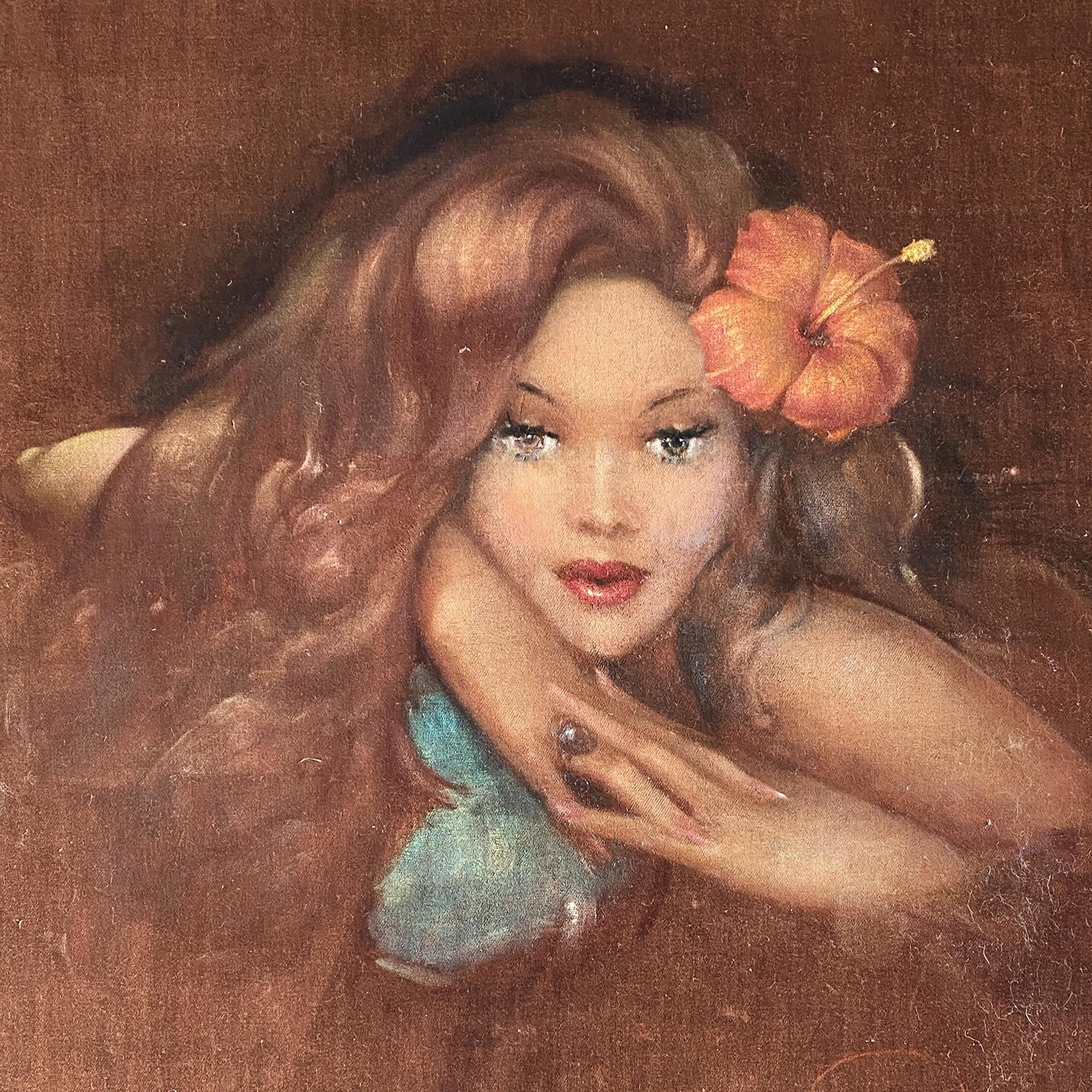 Peinture à l'huile originale sur velours de la fin des années 1930/1940, représentant une beauté polynésienne, signée 