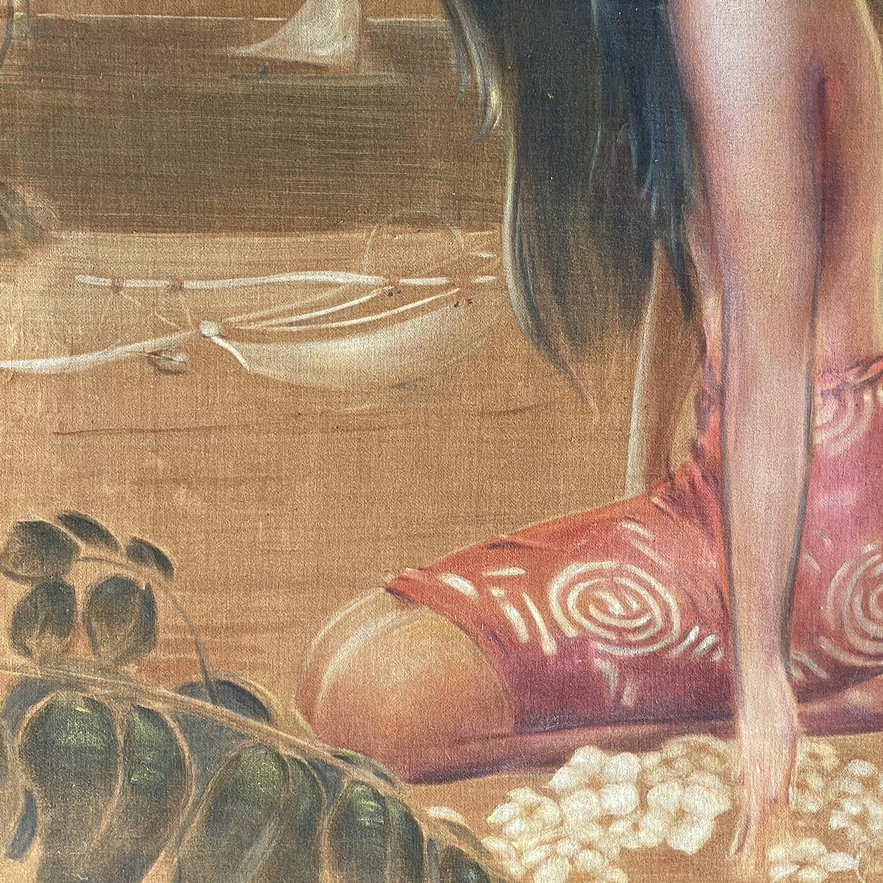 Mid-Century Modern Orig Pre-War Beach Polynesian Girl Oil Painting on Velvet, Roger Fowler, Tahiti