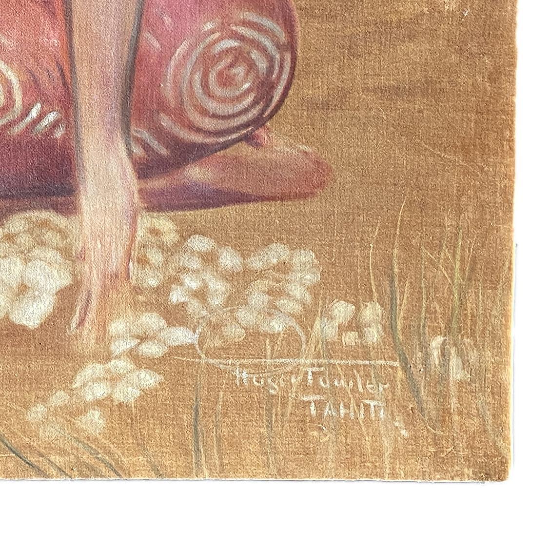 American Orig Pre-War Beach Polynesian Girl Oil Painting on Velvet, Roger Fowler, Tahiti