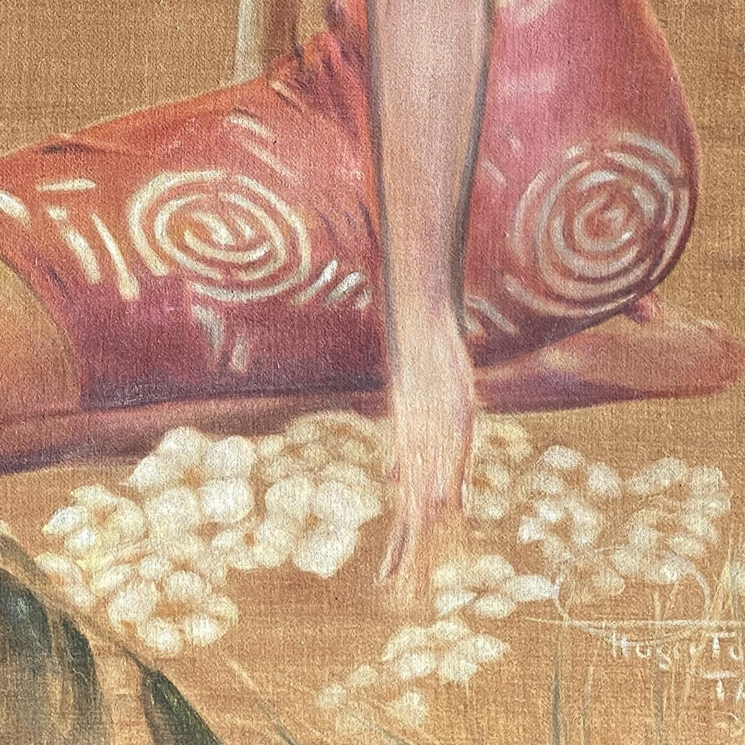 Orig Pre-War Beach Polynesian Girl Oil Painting on Velvet, Roger Fowler, Tahiti In Excellent Condition In Van Nuys, CA