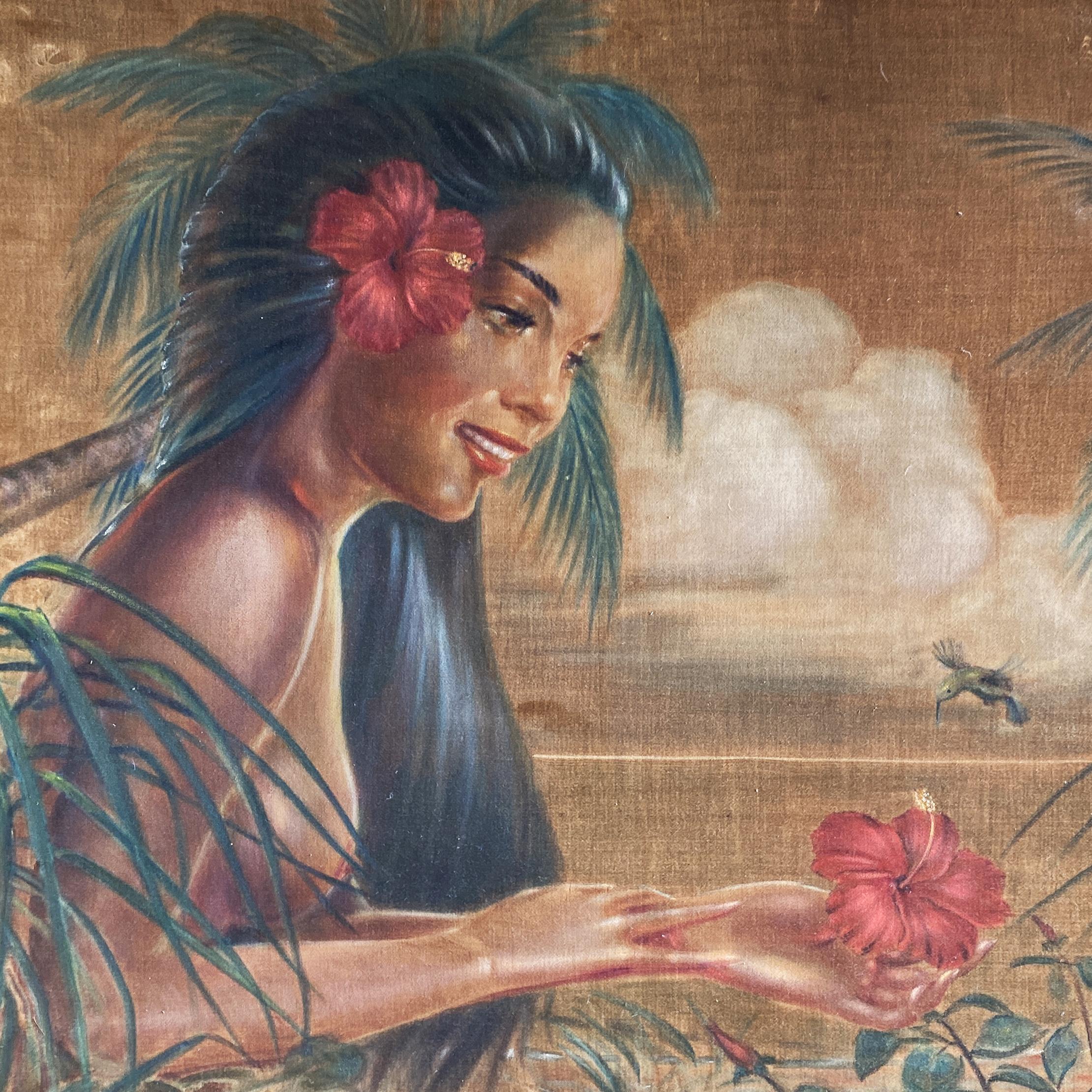 Original late 1930s/1940s beach Polynesian girl oil painting on velvet signed 