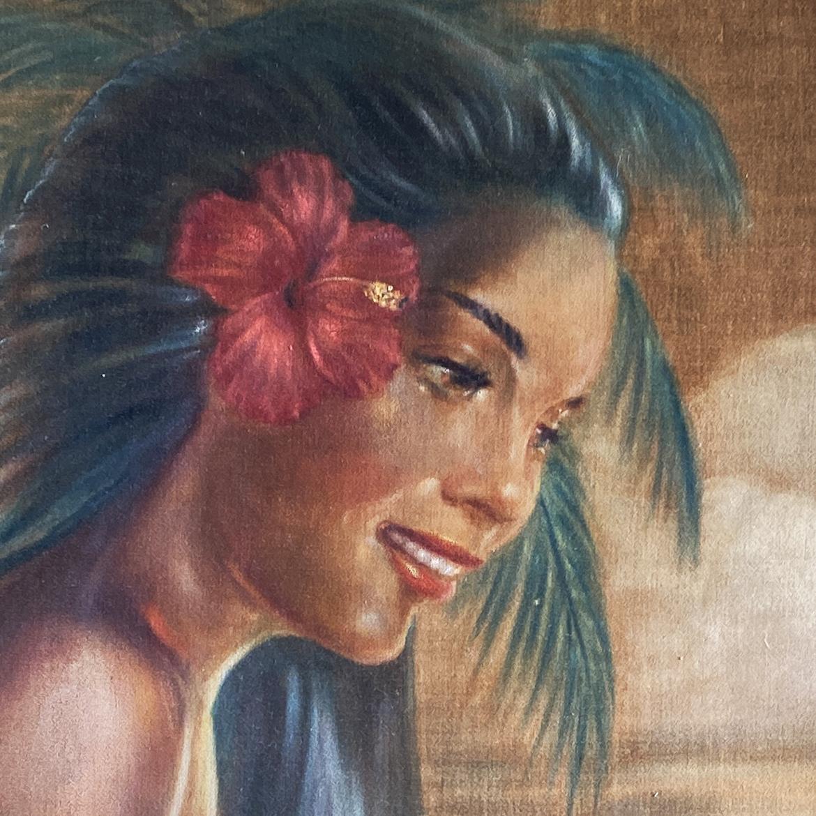 Mid-Century Modern Original Pre-War Beach Polynesian Oil Painting on Velvet by Roger Fowler, Tahiti For Sale