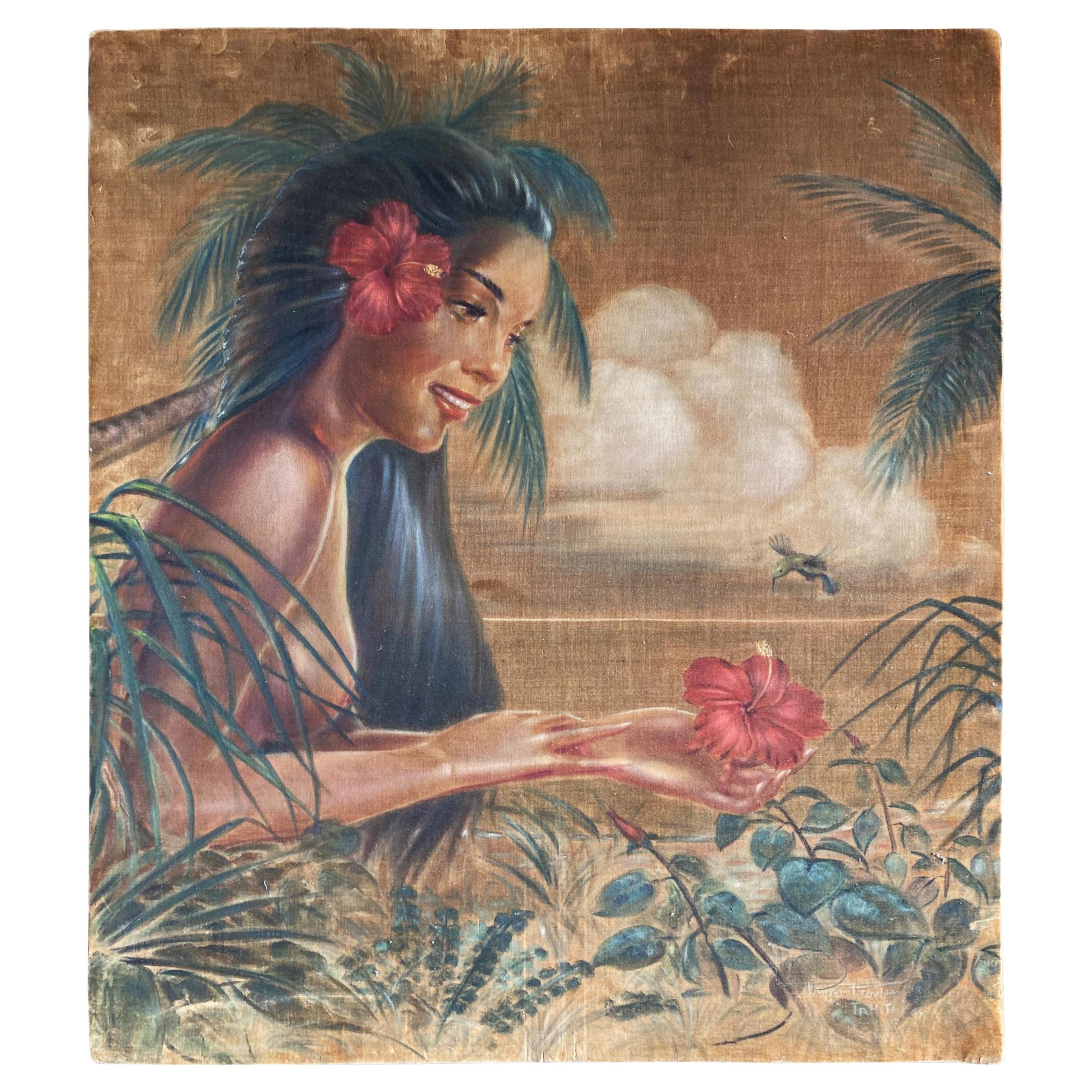 Original Pre-War Beach Polynesian Oil Painting on Velvet by Roger Fowler, Tahiti For Sale