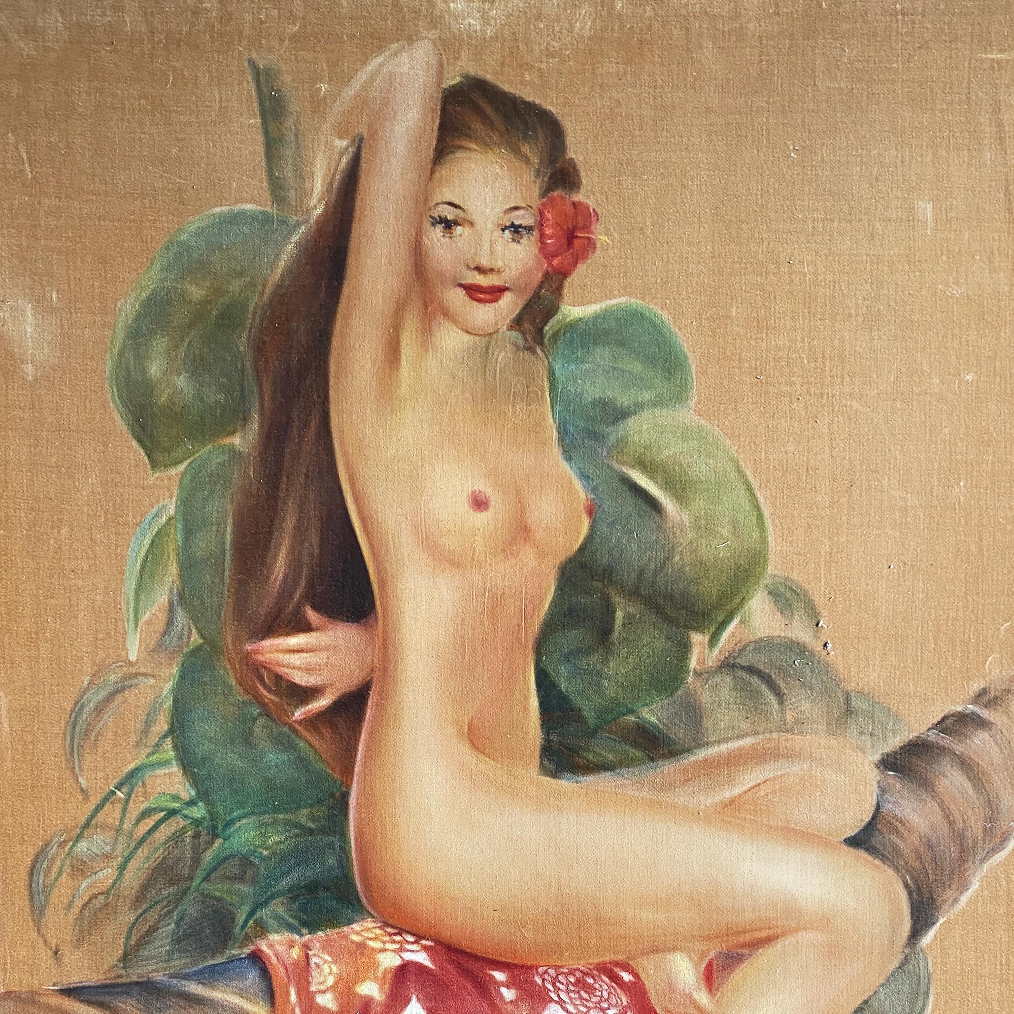 Original late 1930s/1940s topless Polynesian girl oil painting on velvet signed 