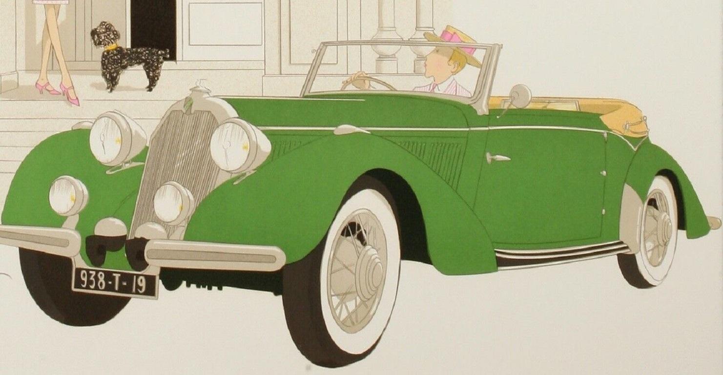 Original Print-Denis Paul Noyer-Le Relais Du Parc Paris-Classic Car, c.1979

A man driving his car picks up his wife who is waiting for him on the front porch of the Restaurant. Her black poodle stands at her side.

Additional Details: