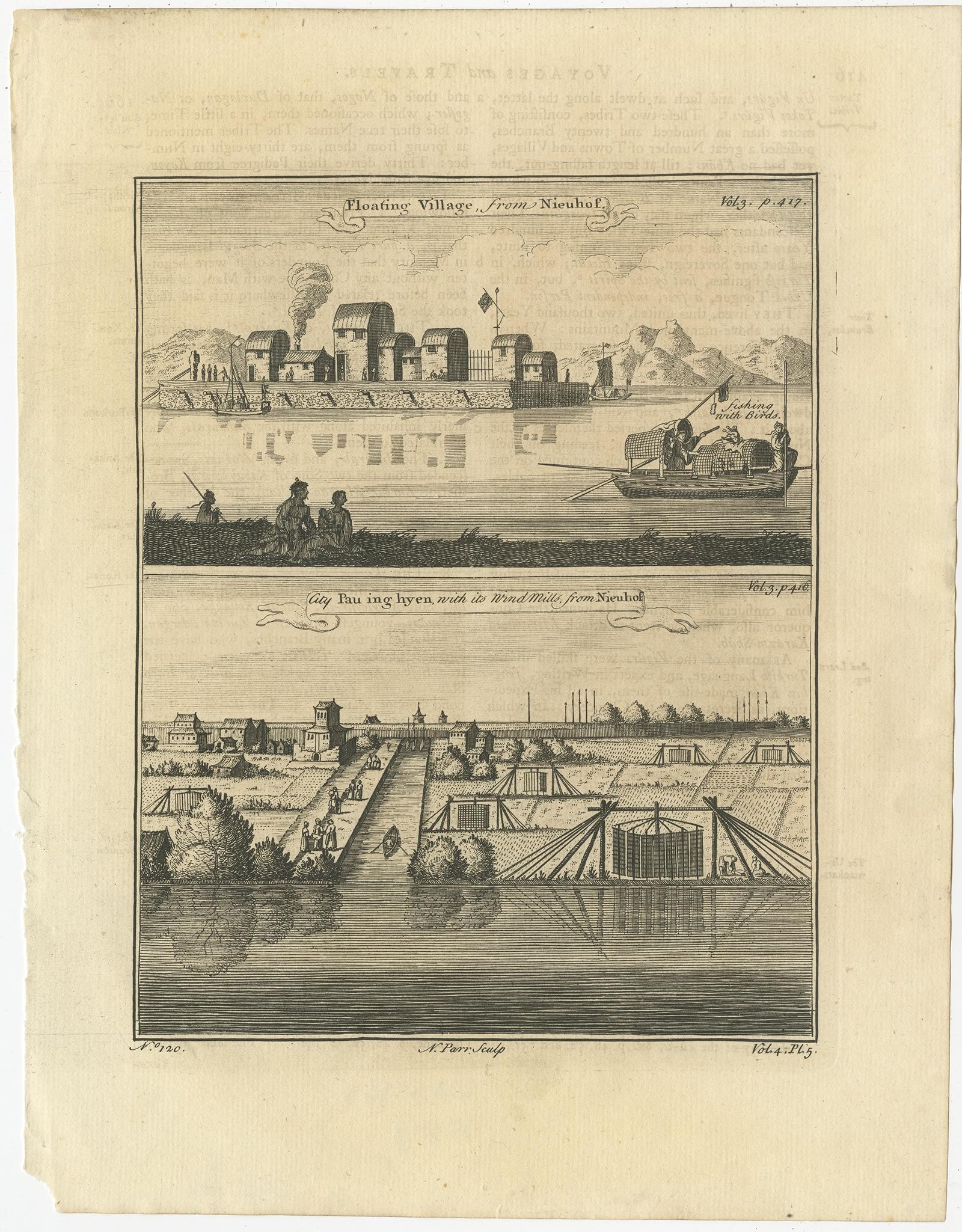 Original Print of Chinese Floating Village and the City of Baoying, China, 1747 In Good Condition For Sale In Langweer, NL