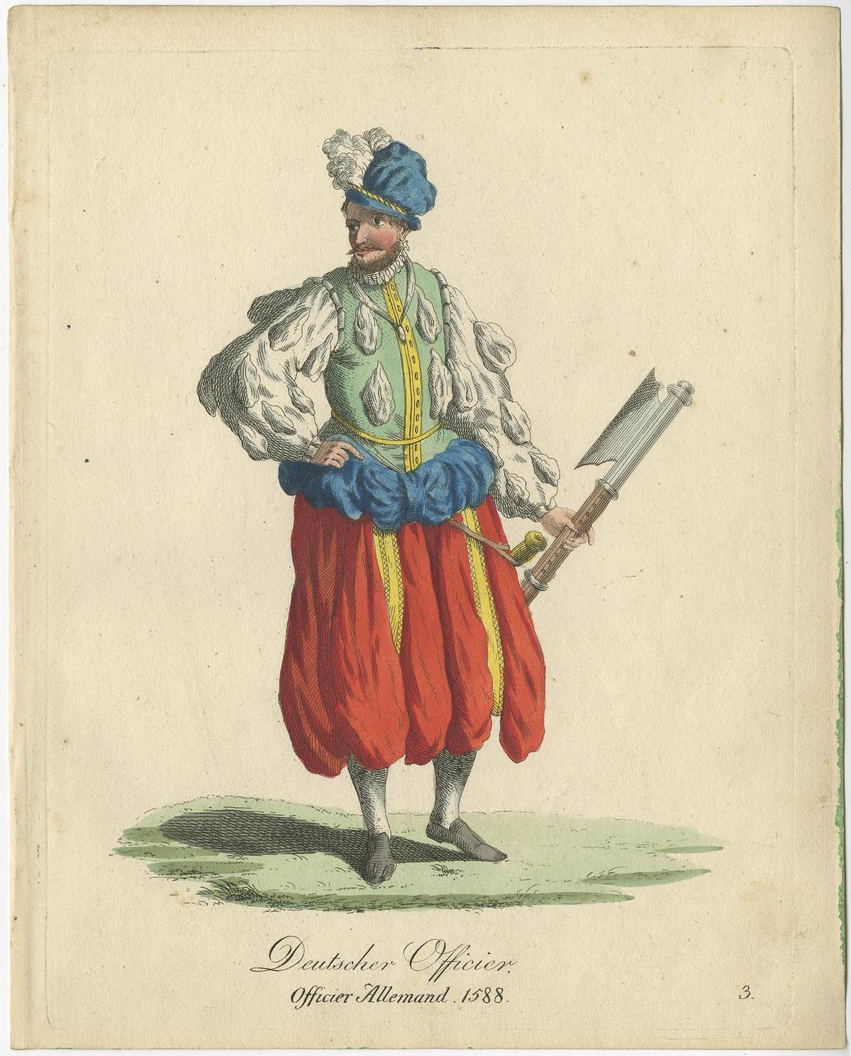 Original Print of the Costume of a German Officer in 1588, Published in 1805