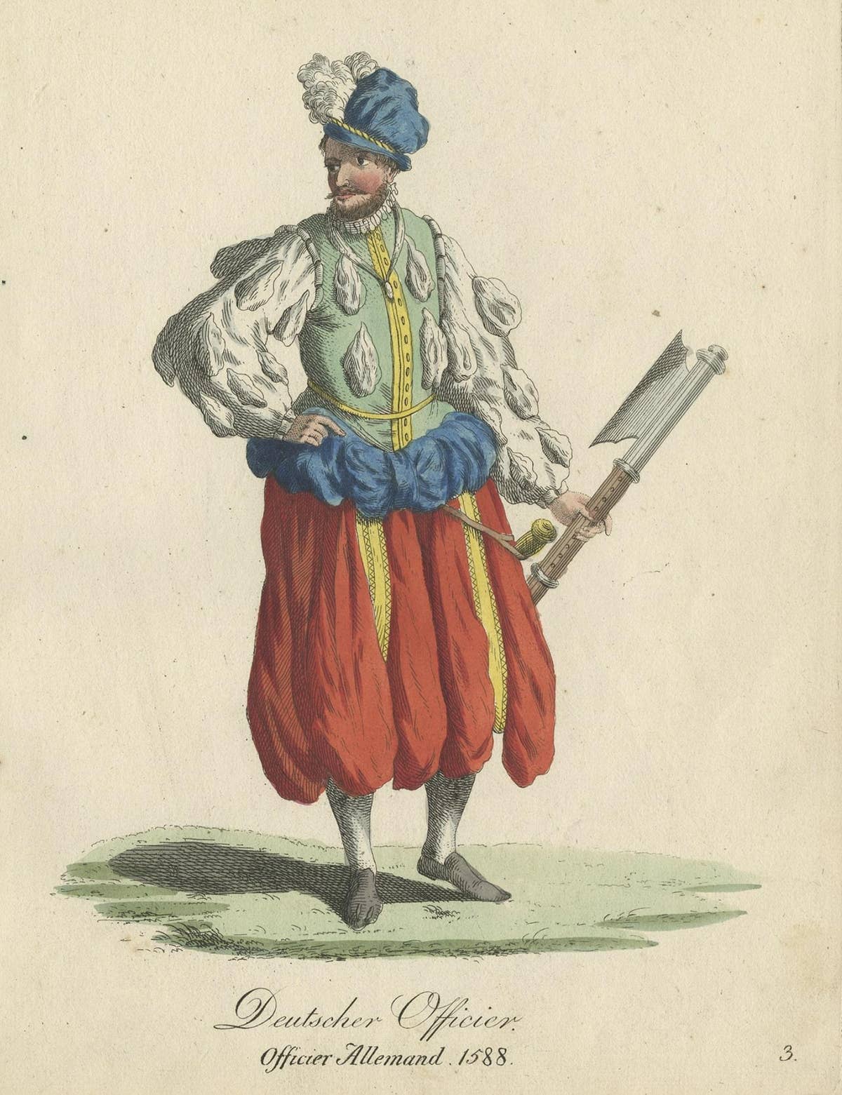 Original Print of the Costume of a German Officer in 1588, Published in 1805