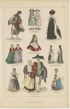 Original Print Showing Costumes of Austria, Tyrol, France, Italy Etc., ca.1875