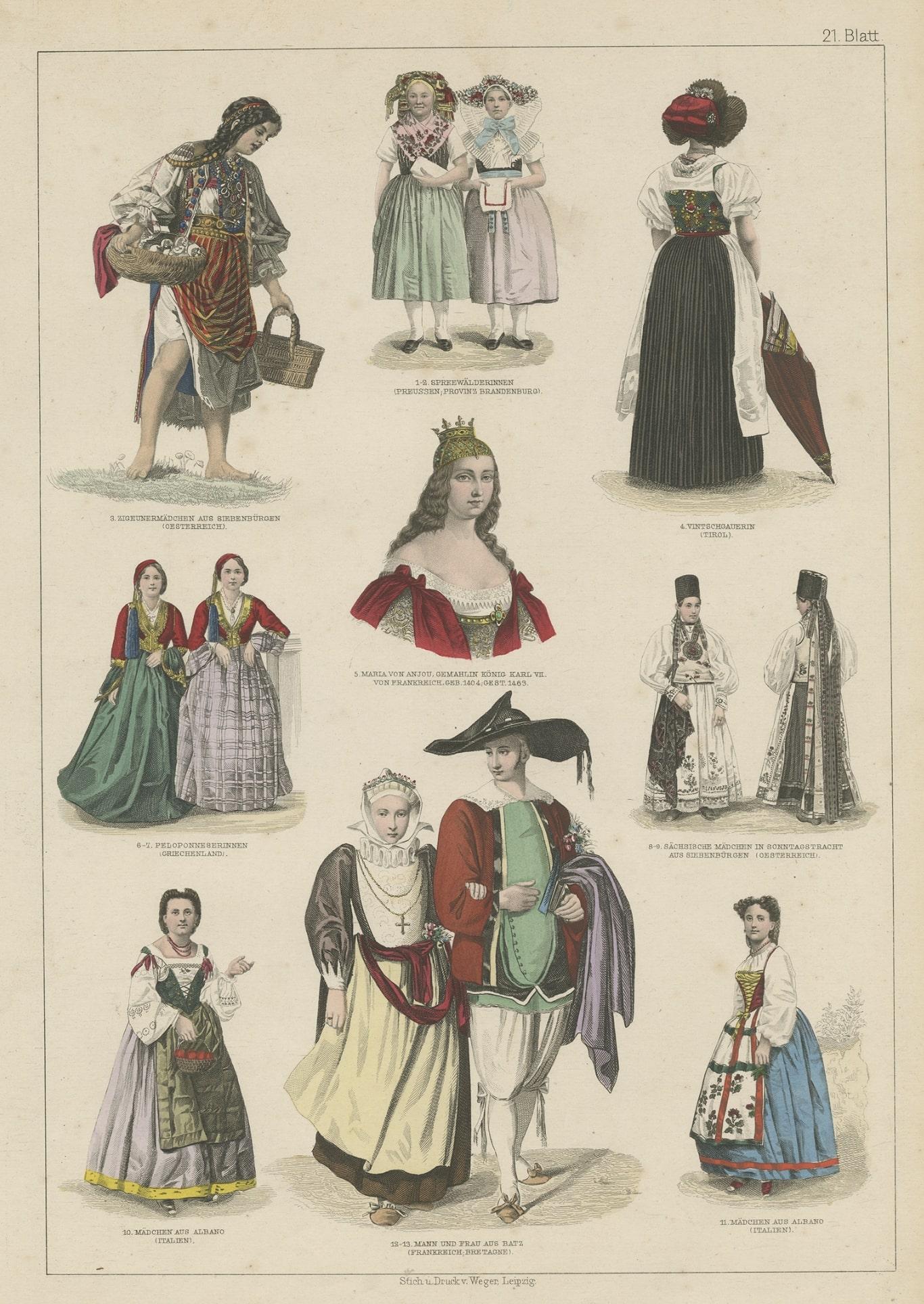 Grabado original que muestra trajes de Austria, Tirol, Francia, Italia, etc., ca.1875 en Bueno estado para la venta en Langweer, NL