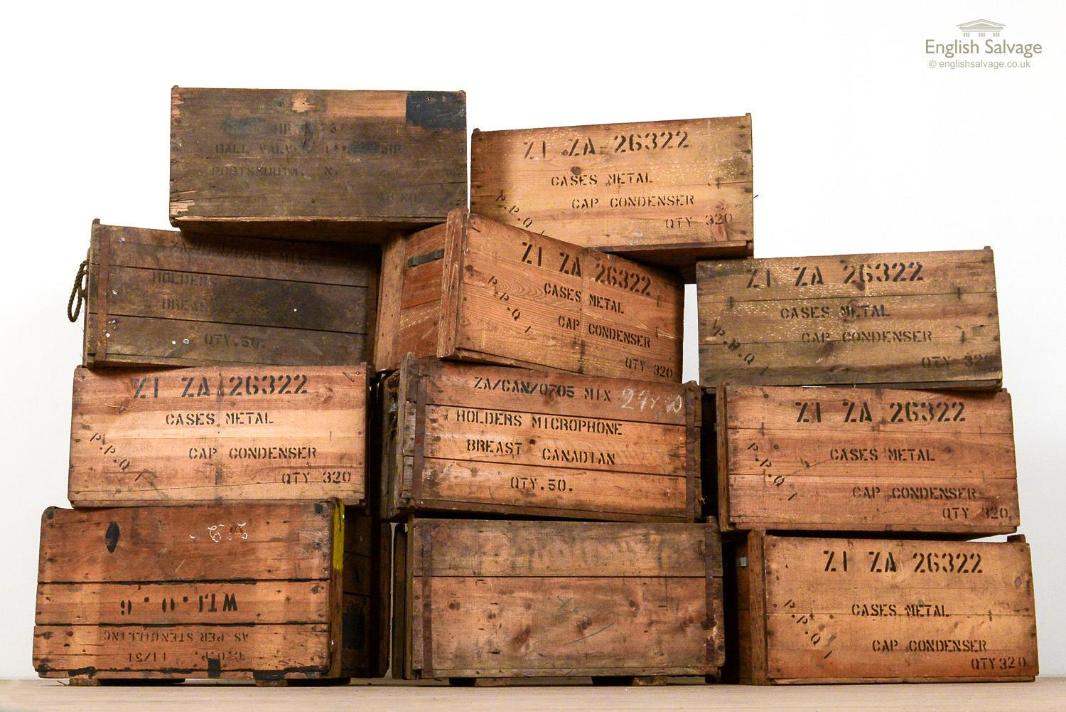 Original pine reclaimed military style audio equipment boxes with block printed lettering. Scrapes and scuffs commensurate with age.