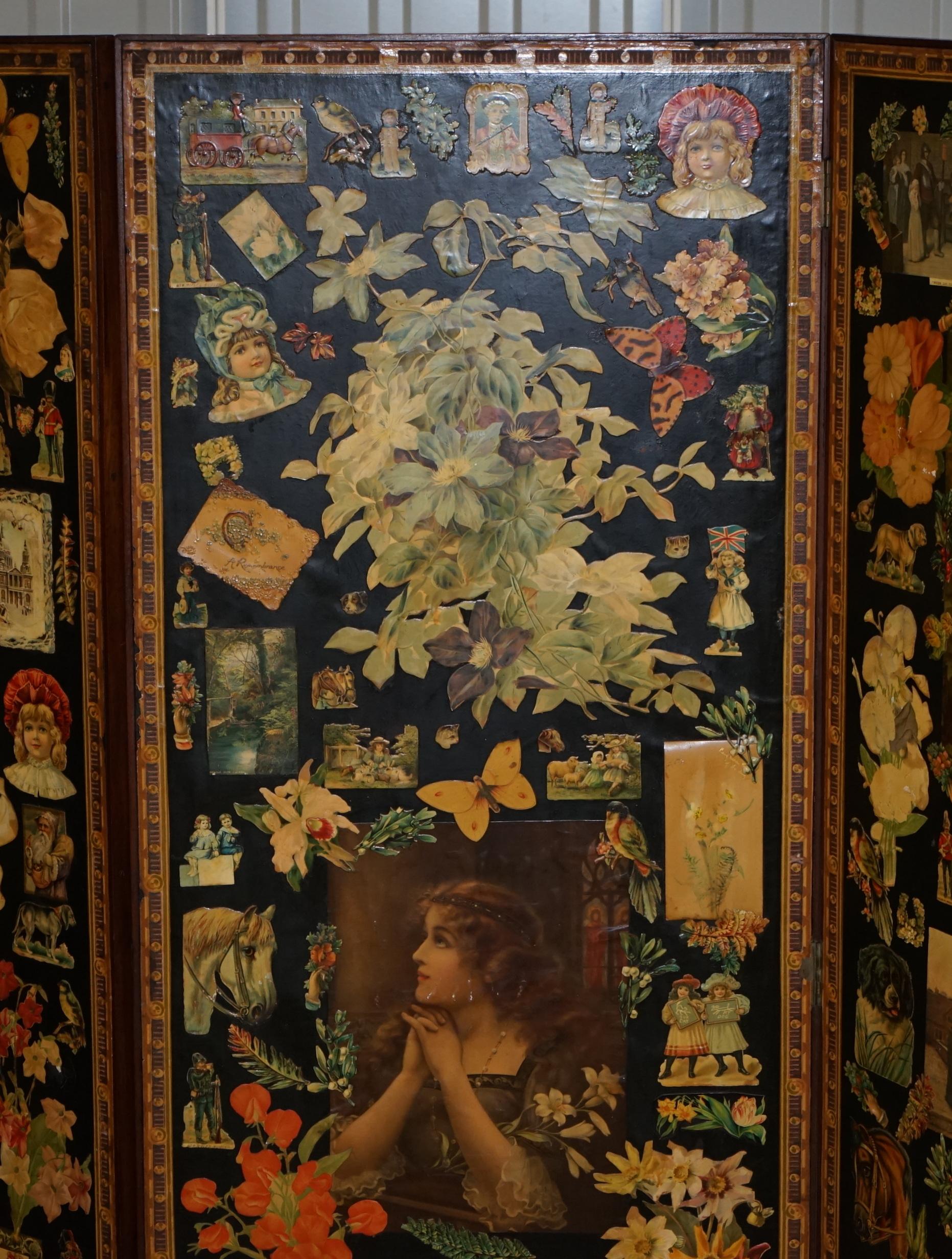 19th Century Original Queen Victoria Decoupage Four Panel Folding Screen Totally Original