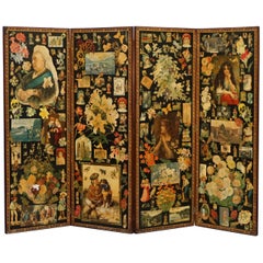 Antique Original Queen Victoria Decoupage Four Panel Folding Screen Totally Original