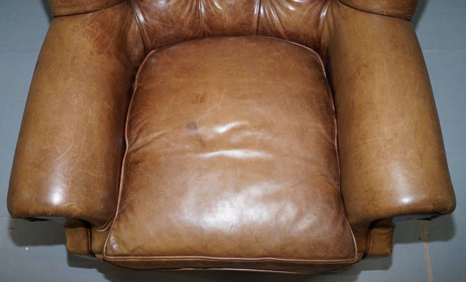 Hand-Carved Original Ralph Lauren Writer's Aged Vintage Brown Heritage Leather Armchair