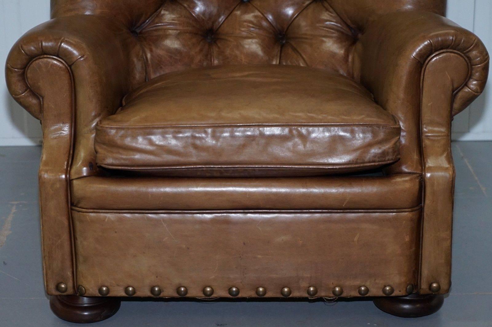 Contemporary Original Ralph Lauren Writer's Aged Vintage Brown Heritage Leather Armchair
