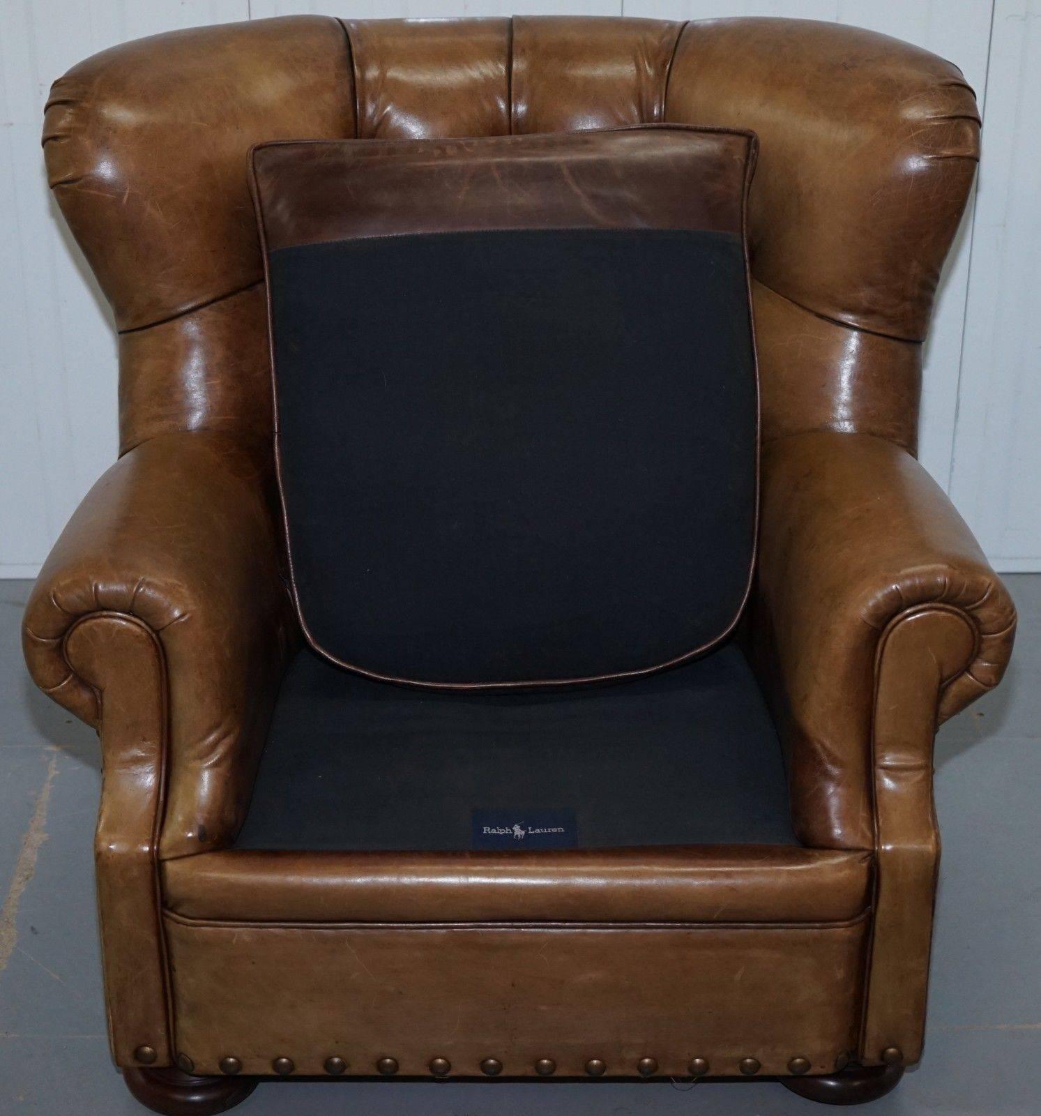 Original Ralph Lauren Writer's Aged Vintage Brown Heritage Leather Armchair 1