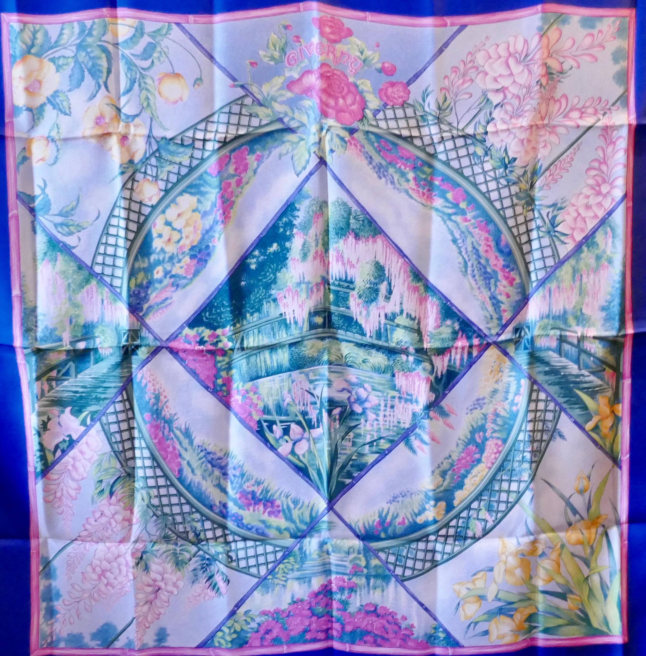 Gray Original Rare 1989 Hermes Silk Scarf “ Giverny” by  Laurence Bourthoumieux For Sale
