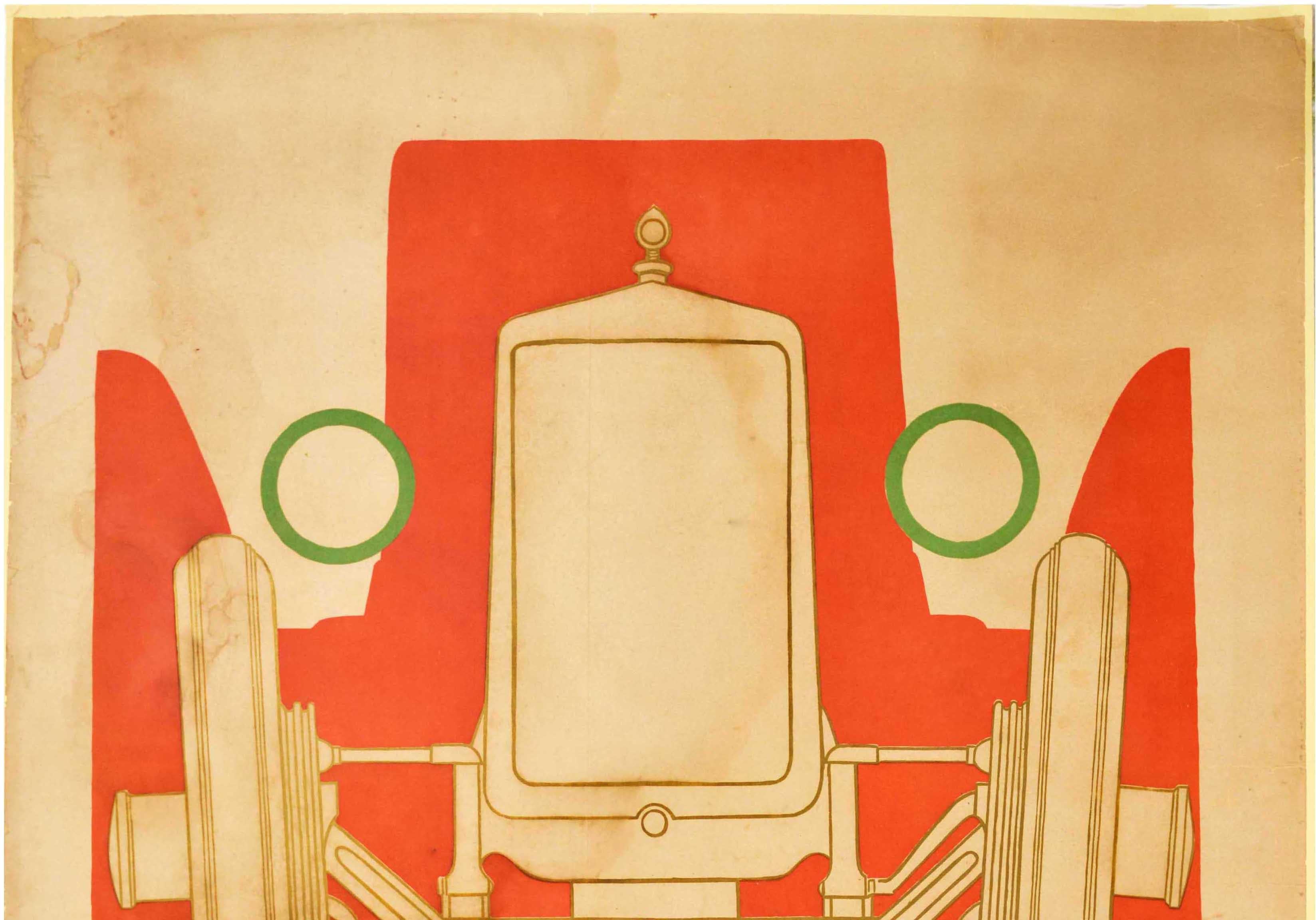 Rare affiche publicitaire originale et rare d'antiquités d'époque pour un fabricant français de voitures Georges Irat (1921-1953) présentant un motif Art déco stylisé représentant une voiture classique faisant face au spectateur avec le texte