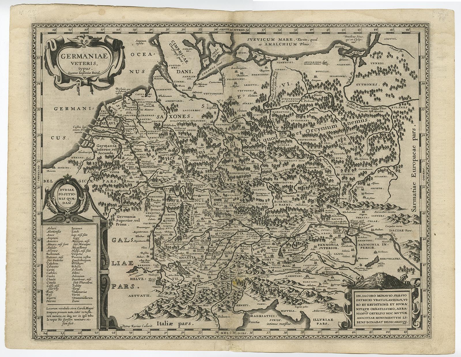 Antique map titled 'Germaniae Veteris typus.' 

Map of the ancient German Empire in Northern Europe, based upon an earlier map by Ortelius. Extends from the Adriatic to the Baltic and the Vistula. Several decorative cartouches. Source unknown, to