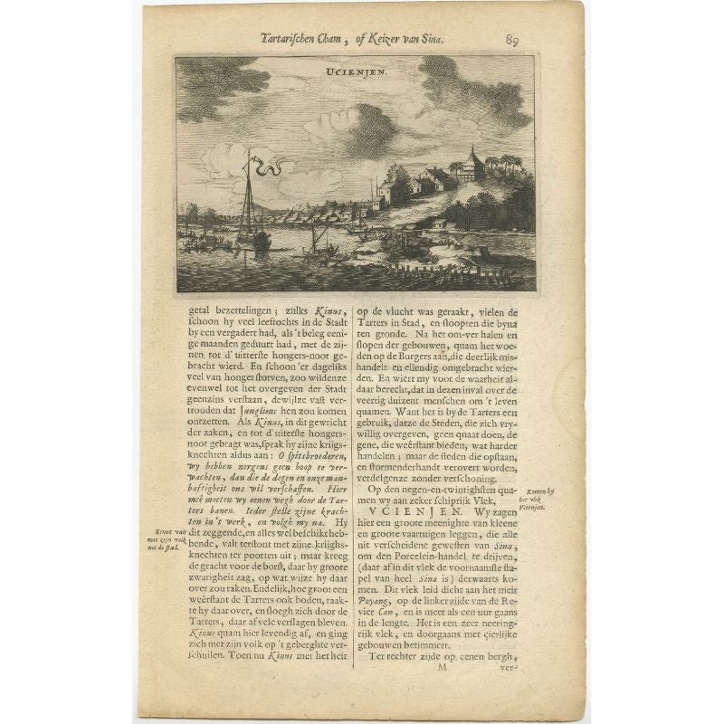 Antique print titled 'Ucienjen'. Old print depicting a view on the Chinese city of Ucienjen. Also depicted are many ships. This print originates from 'Het gezantschap der Nee^rlandtsche Oost-Indische Compagnie, aan den grooten Tartarischen Cham