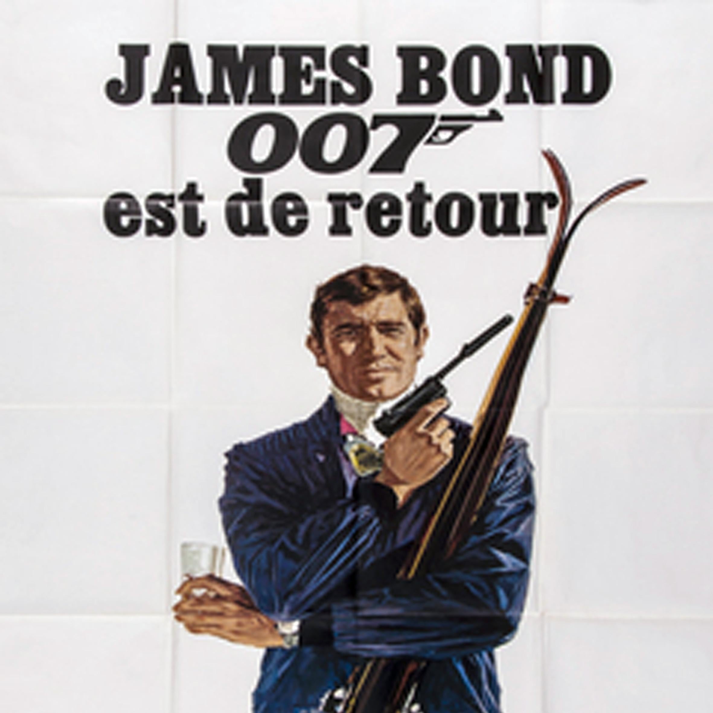Original rare extra large movie poster for the French release of the 007 film On Her Majesty's Secret Service / Au Service Secret De Sa Majeste directed by Peter R. Hunt, produced by Harry Saltzman and Albert R. Broccoli, and starring George Lazenby