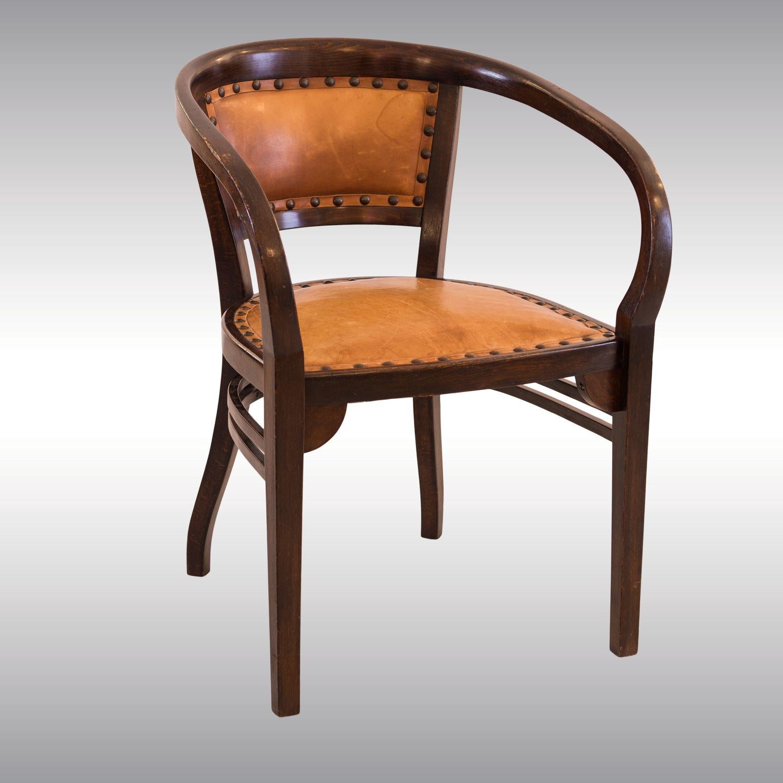 Stained beachwood, seat and back with leather, seat height 46cm (18,11