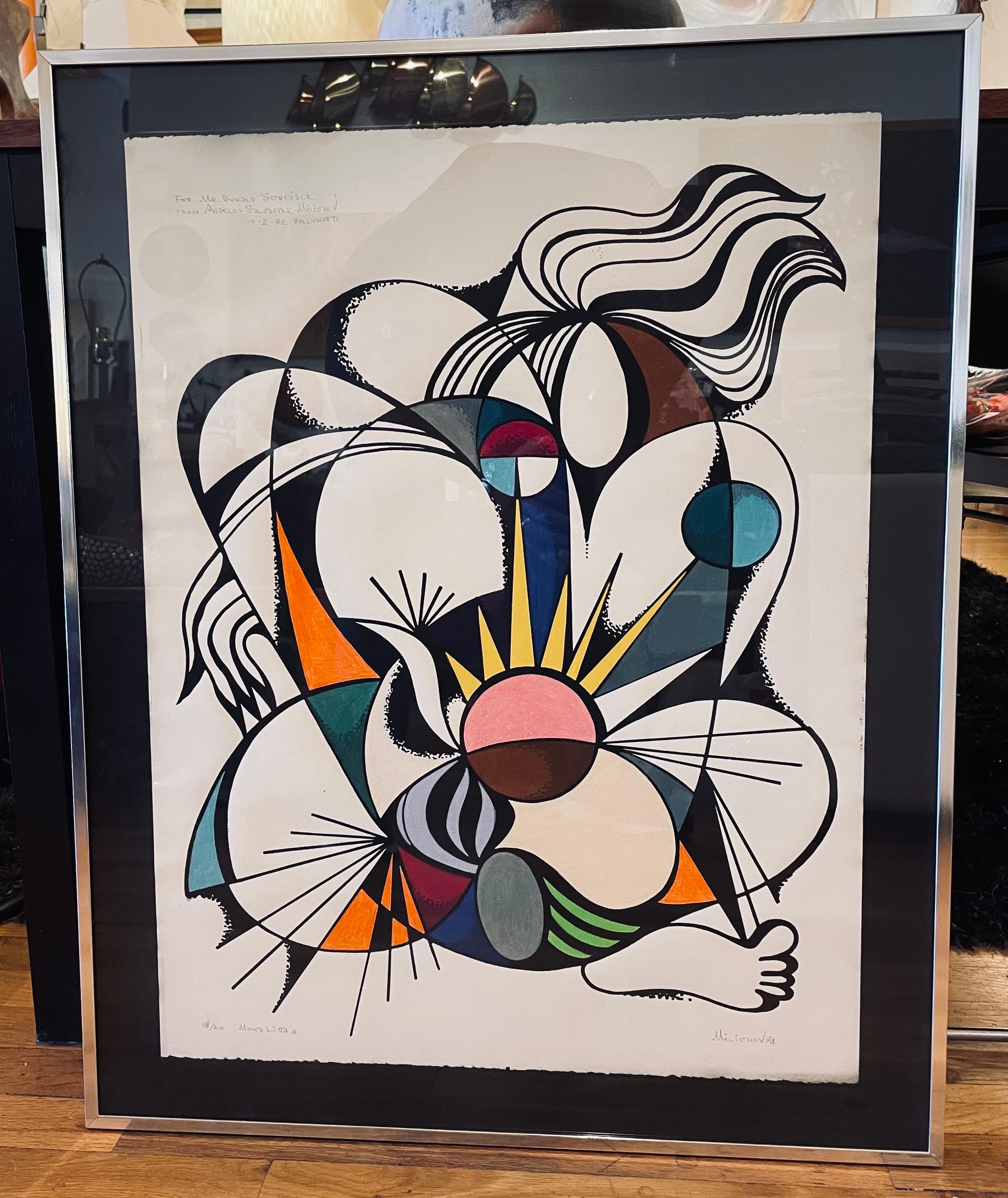 Beautiful abstract original painting signed and dated by Salvatore Milichev dated 1974, framed.