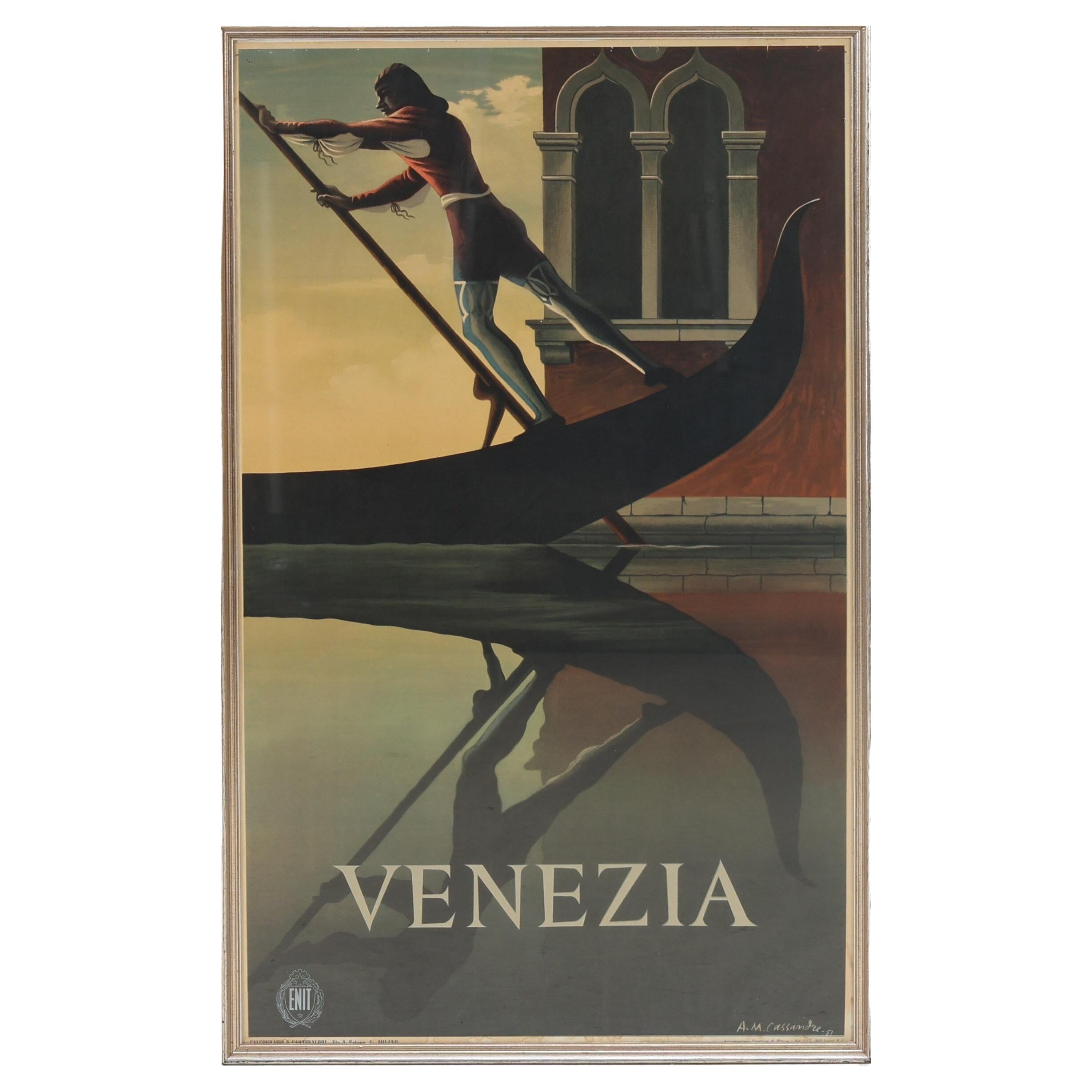 Original vintage poster by Adolphe Jean-Marie Cassandre created in 1951. Published for the Venezia Graphic design conference and for the Italian tourist office ENIT to promote the city of Venice. This is not a reproduction. This poster is framed and