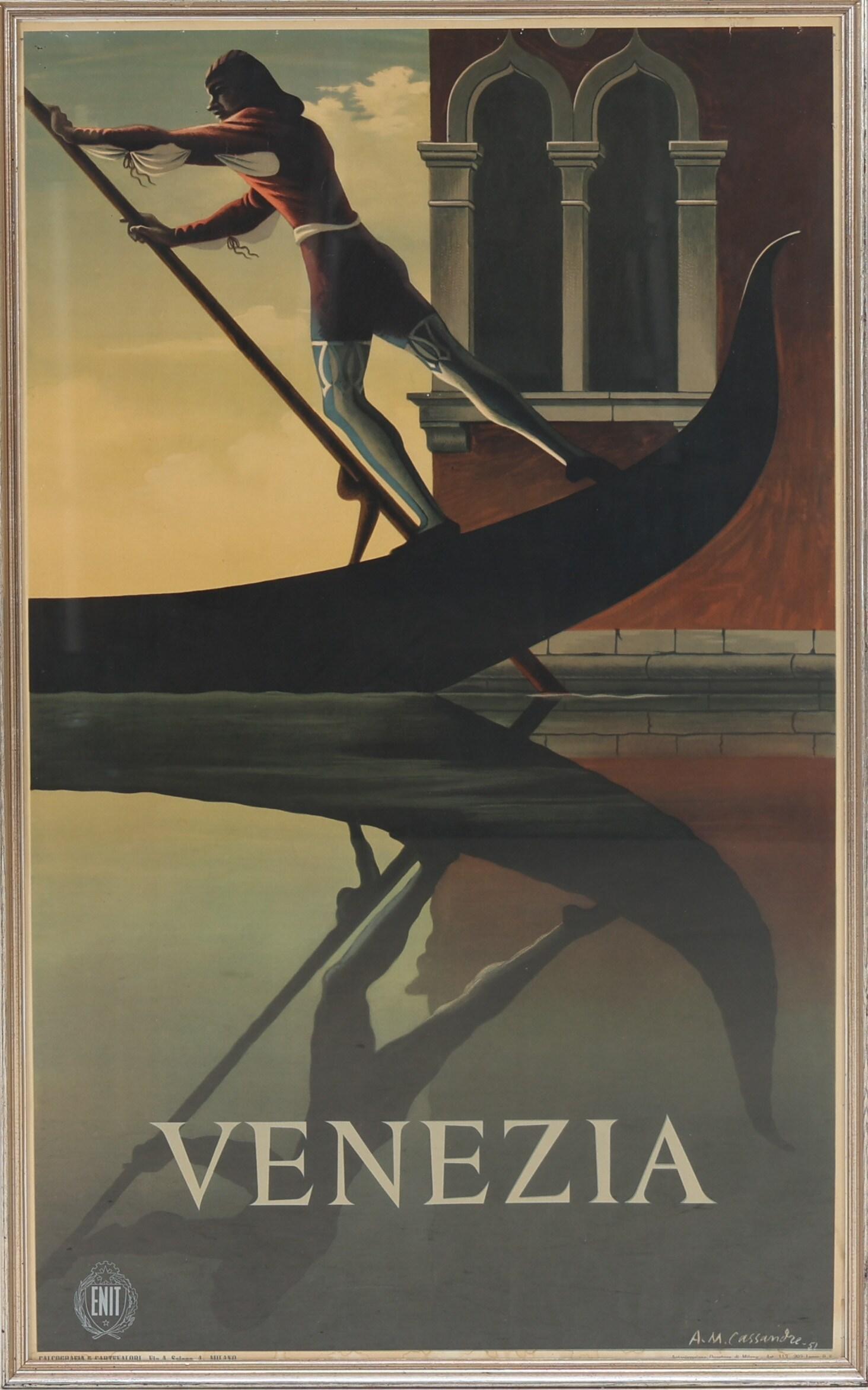 Mid-Century Modern Original Rare Venice Gondola Travel Poster By Adolphe Jean-Marie Cassandre For Sale