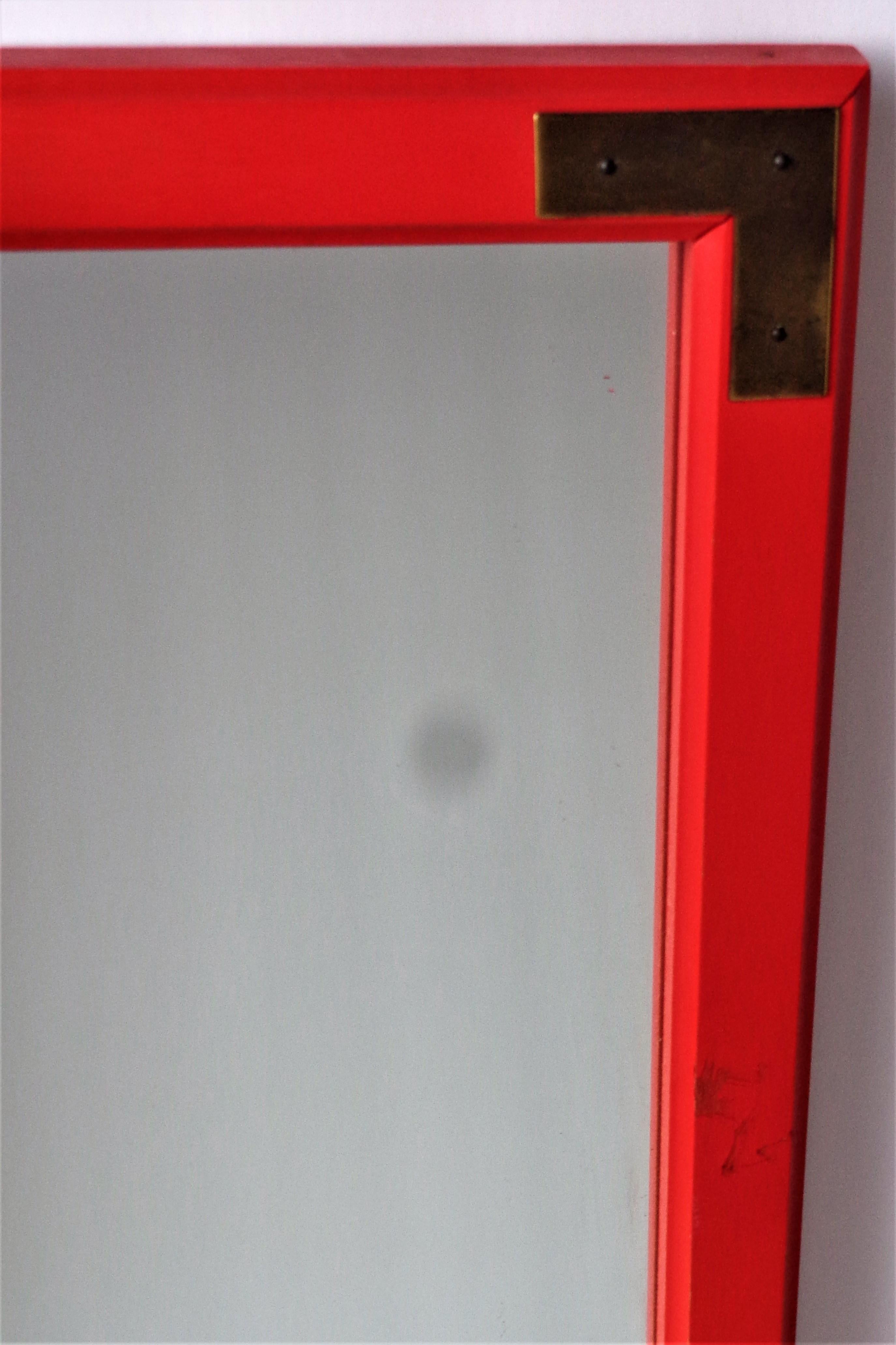 American  Red Painted Wood and Brass Campaign Style Mirror