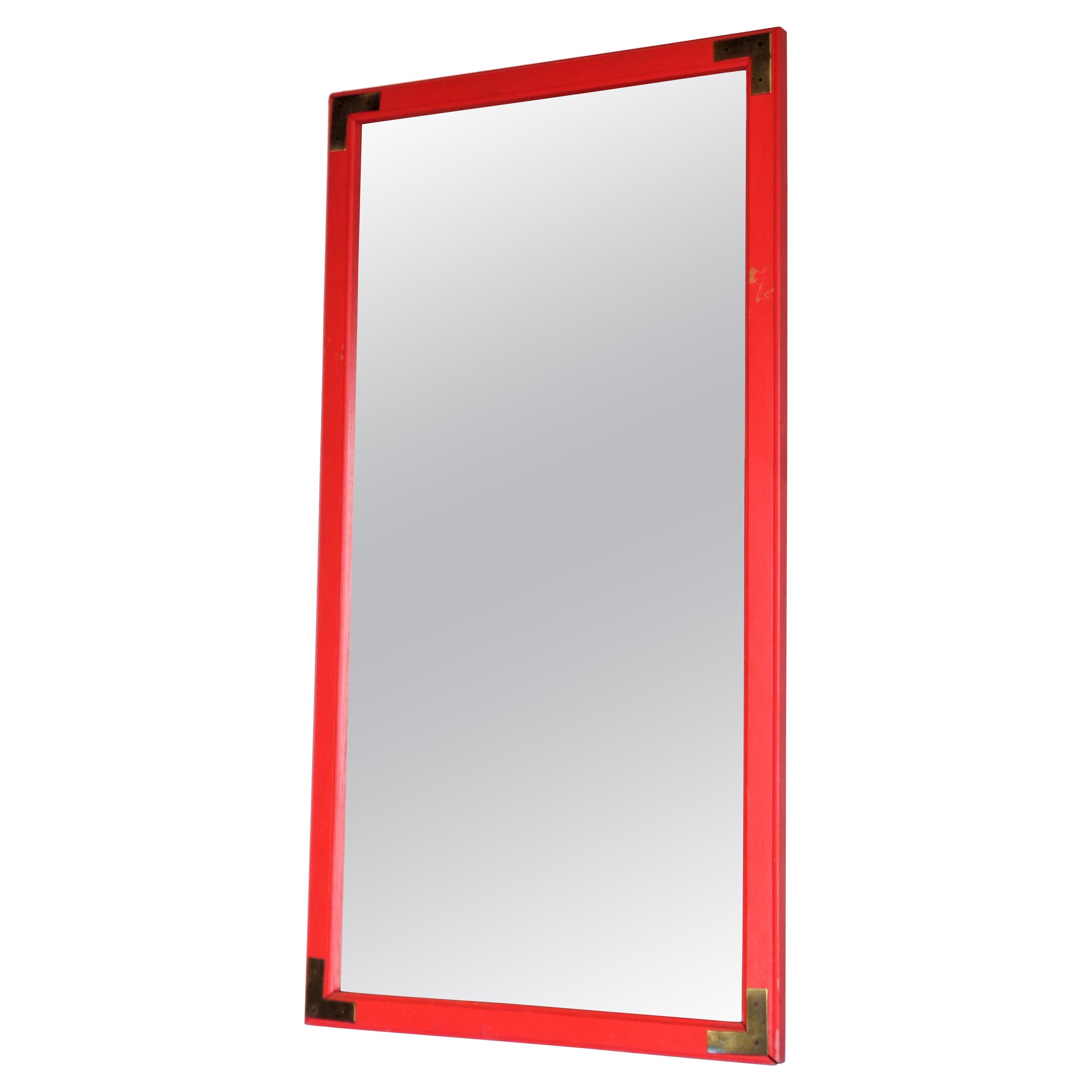  Red Painted Wood and Brass Campaign Style Mirror