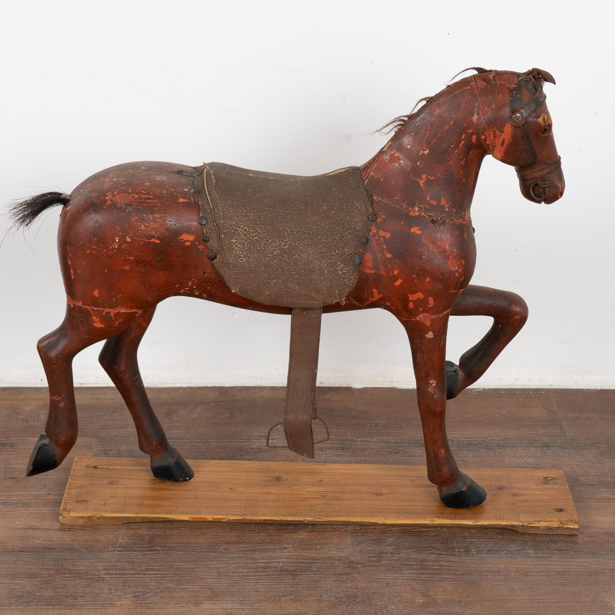 Original Red Painted Carved Wooden Horse, Sweden circa 1890 For Sale 4