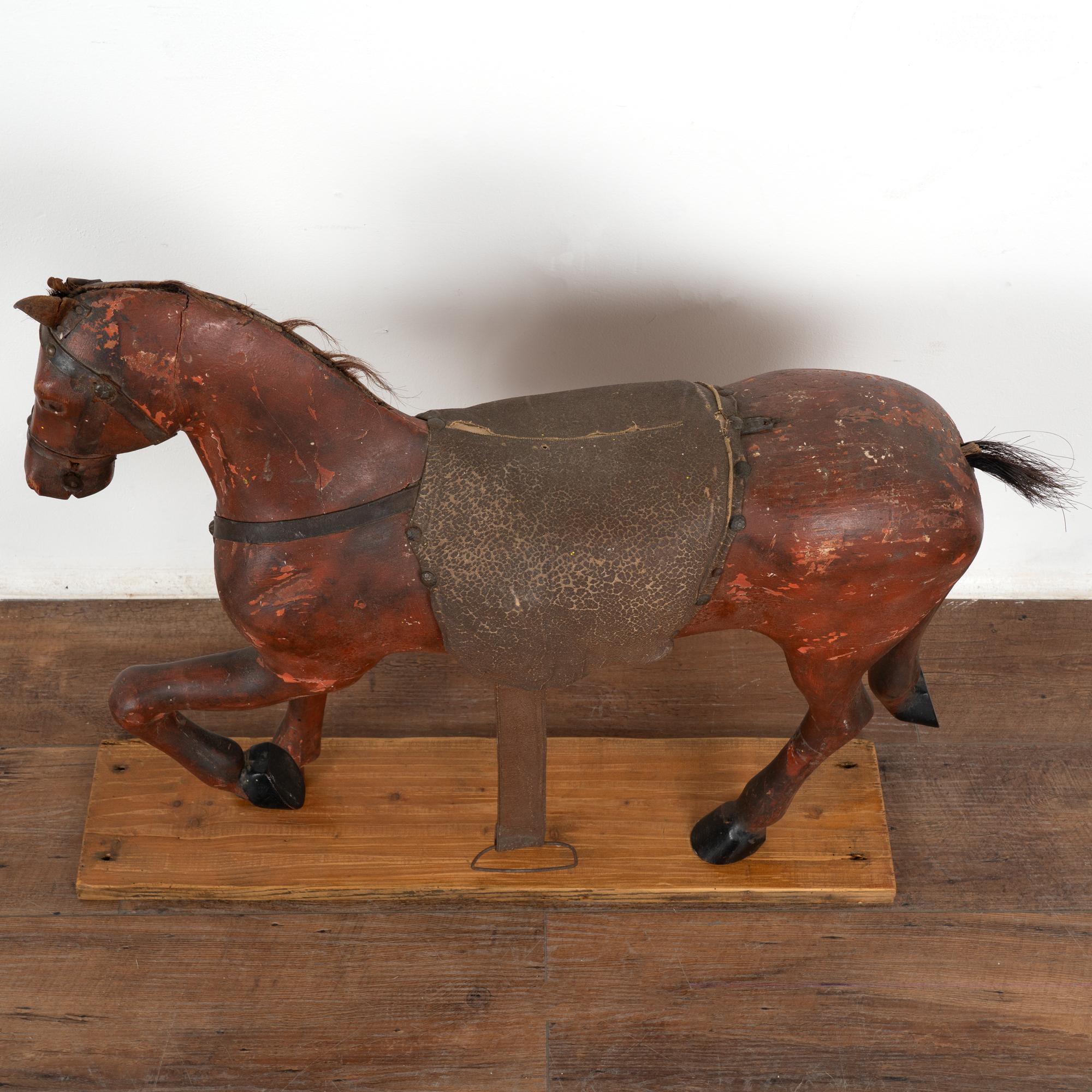 Swedish Original Red Painted Carved Wooden Horse, Sweden circa 1890 For Sale