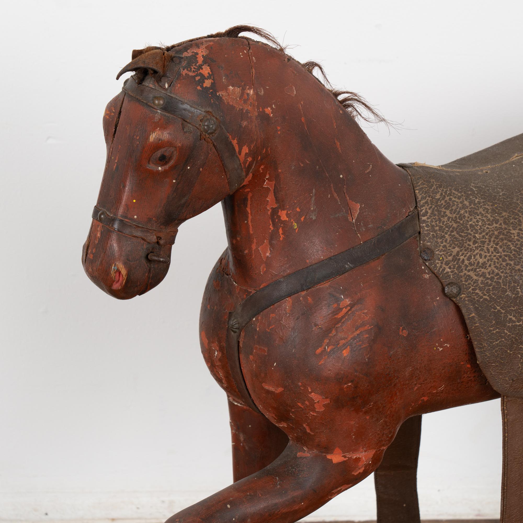 Original Red Painted Carved Wooden Horse, Sweden circa 1890 In Good Condition For Sale In Round Top, TX