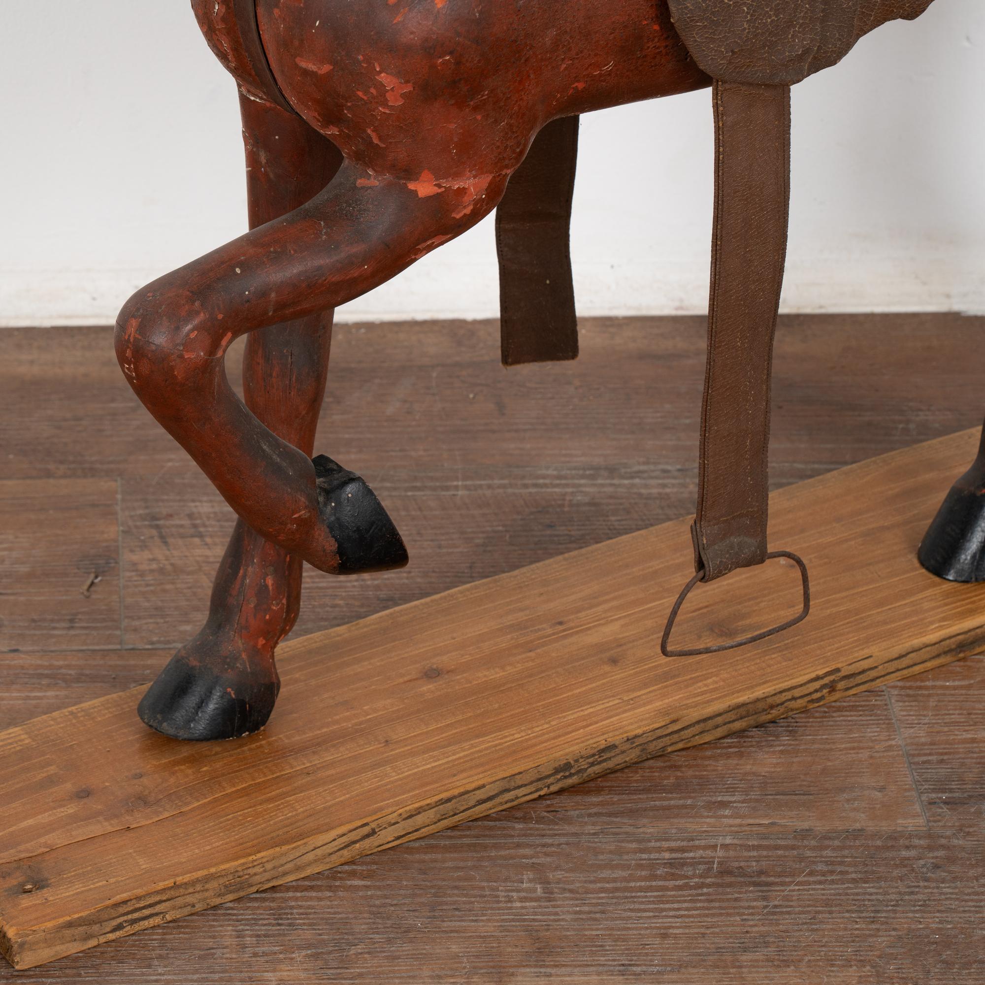 Leather Original Red Painted Carved Wooden Horse, Sweden circa 1890 For Sale