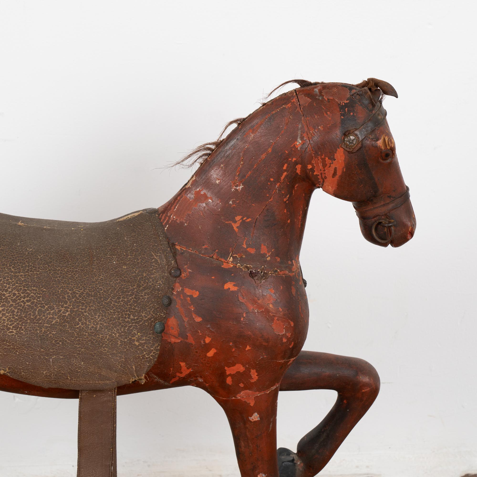 Original Red Painted Carved Wooden Horse, Sweden circa 1890 For Sale 2