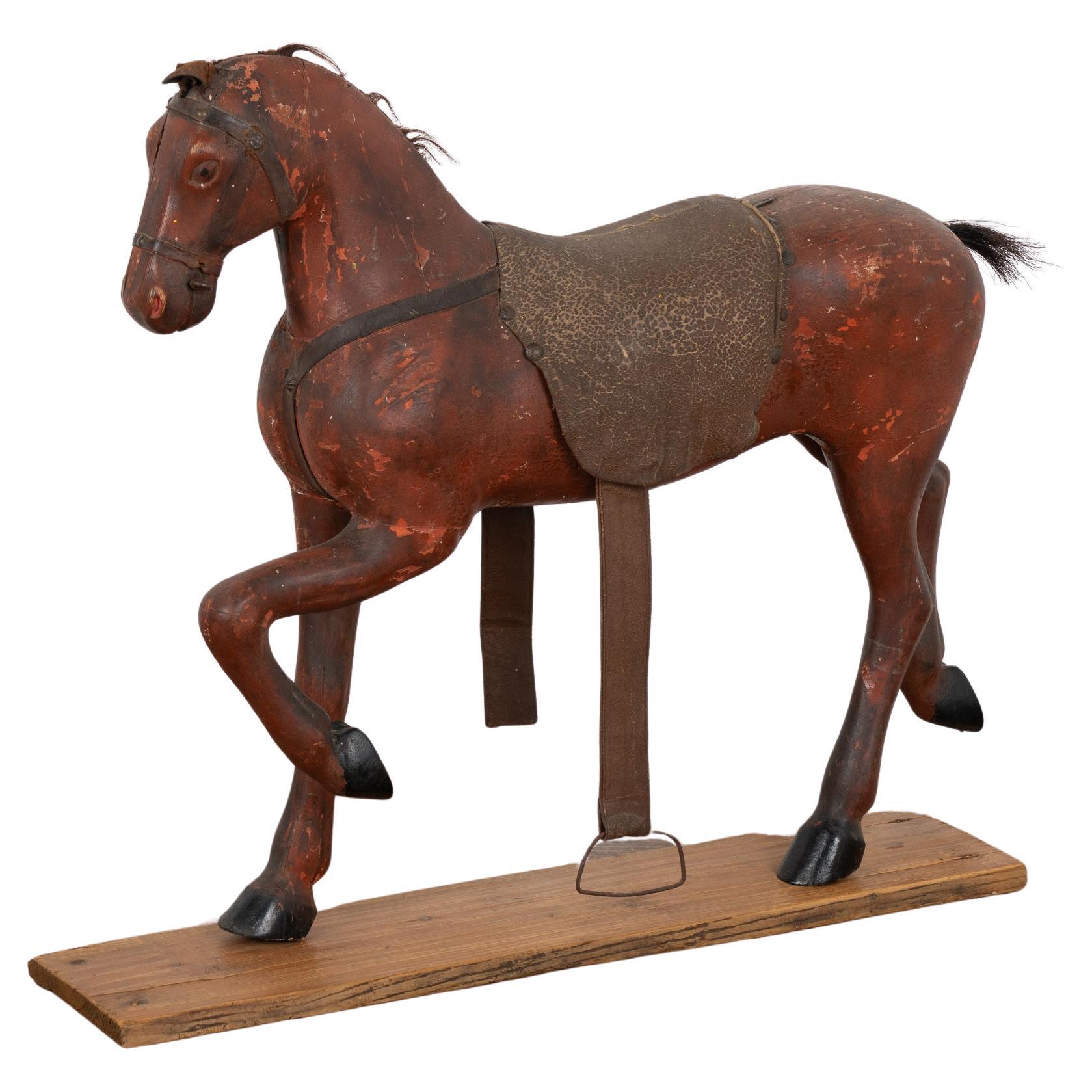 Original Red Painted Carved Wooden Horse, Sweden circa 1890 For Sale