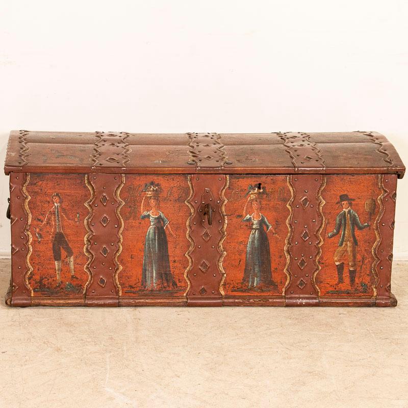 Original Red Painted Domed Top Trunk with Folk Art Figures from Sweden In Good Condition In Round Top, TX