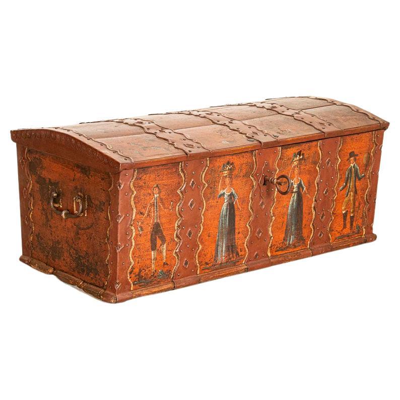 Original Red Painted Domed Top Trunk with Folk Art Figures from Sweden