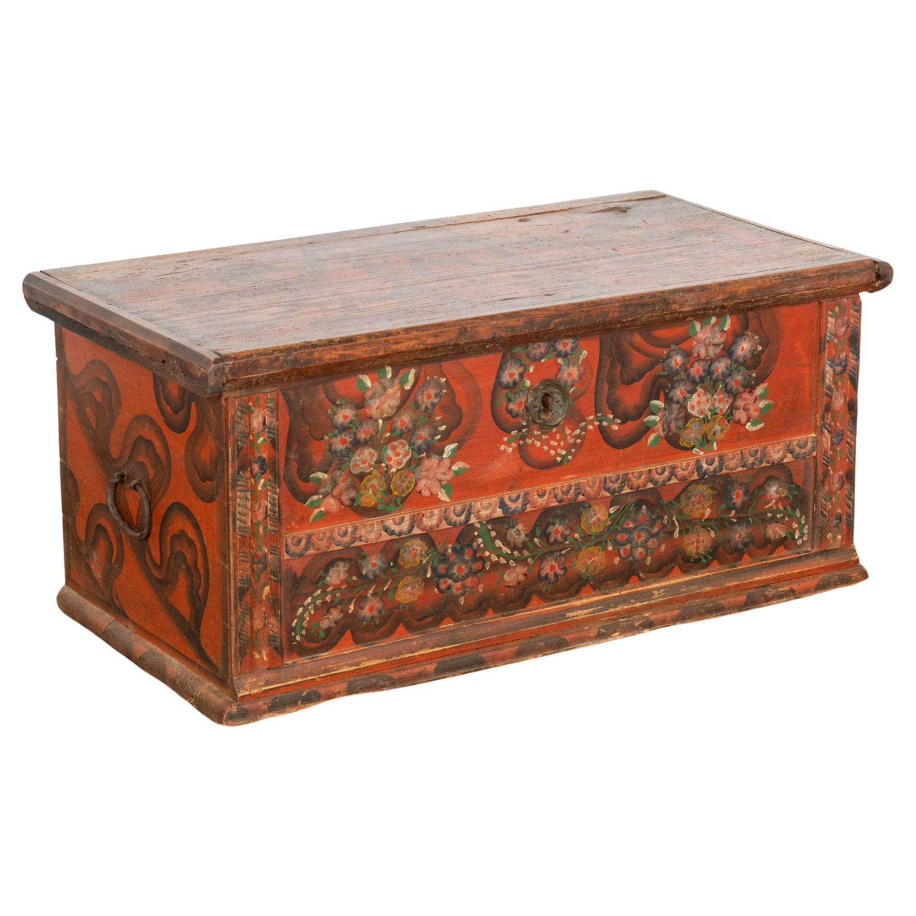 Original Red Painted Folk Art Flat Top Pine Trunk, Hungary circa 1880