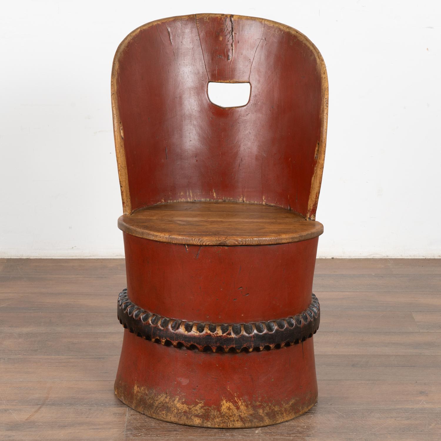 Folk Art Original Red Painted Kubbestol Log Chair, Sweden circa 1860-80 For Sale
