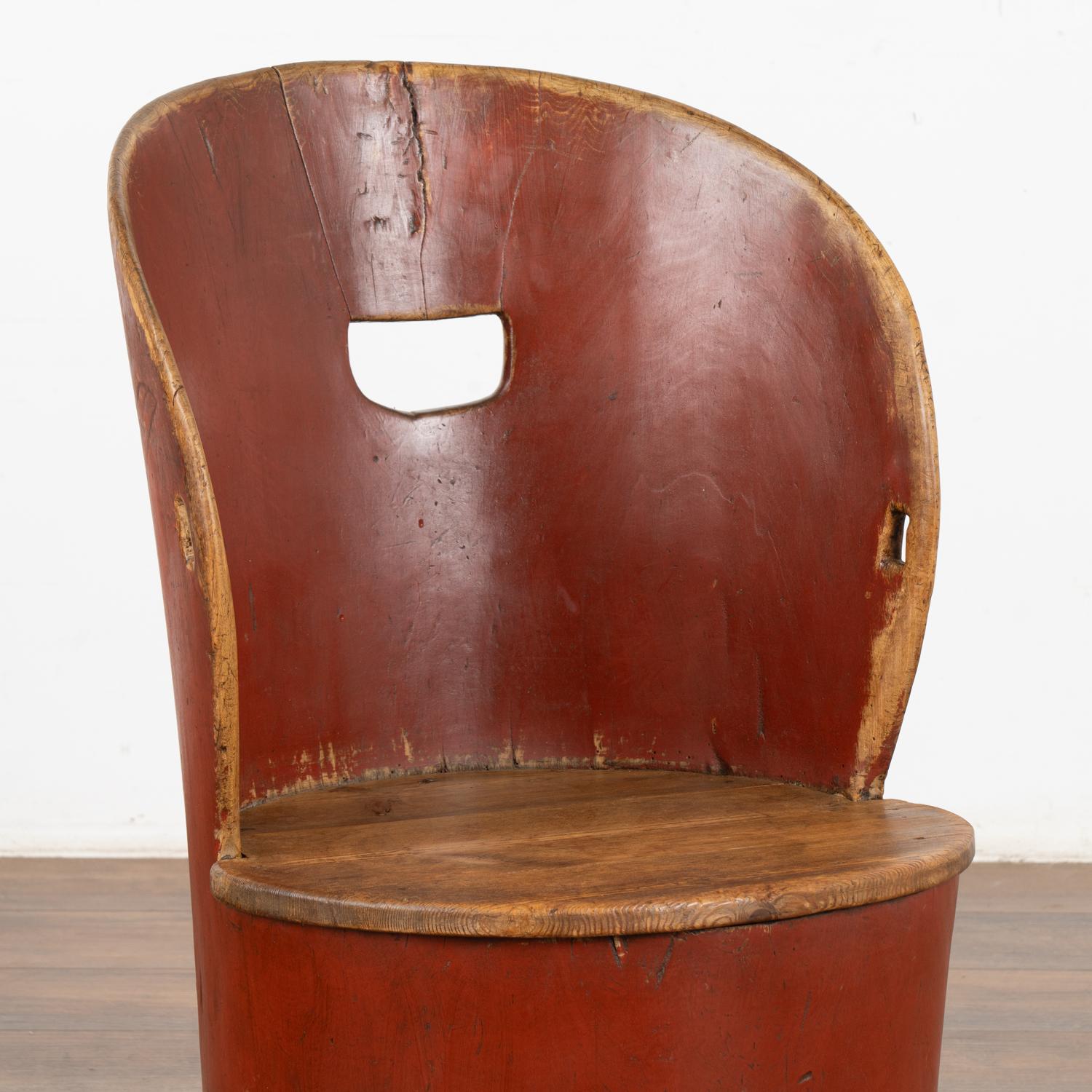 Swedish Original Red Painted Kubbestol Log Chair, Sweden circa 1860-80 For Sale