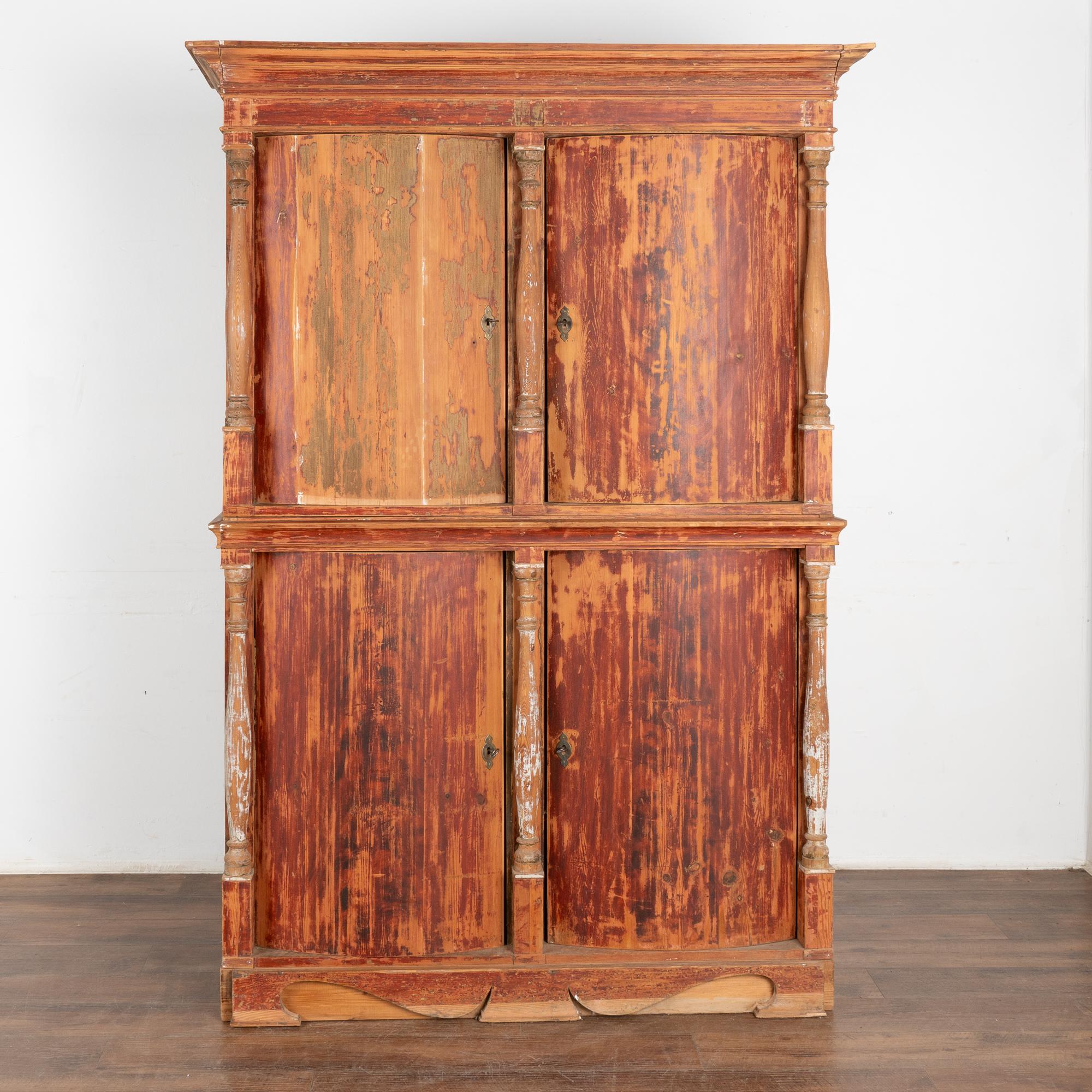 Danish Original Red Painted Pine Bow Front Four-Door Cabinet, Denmark circa 1830-40