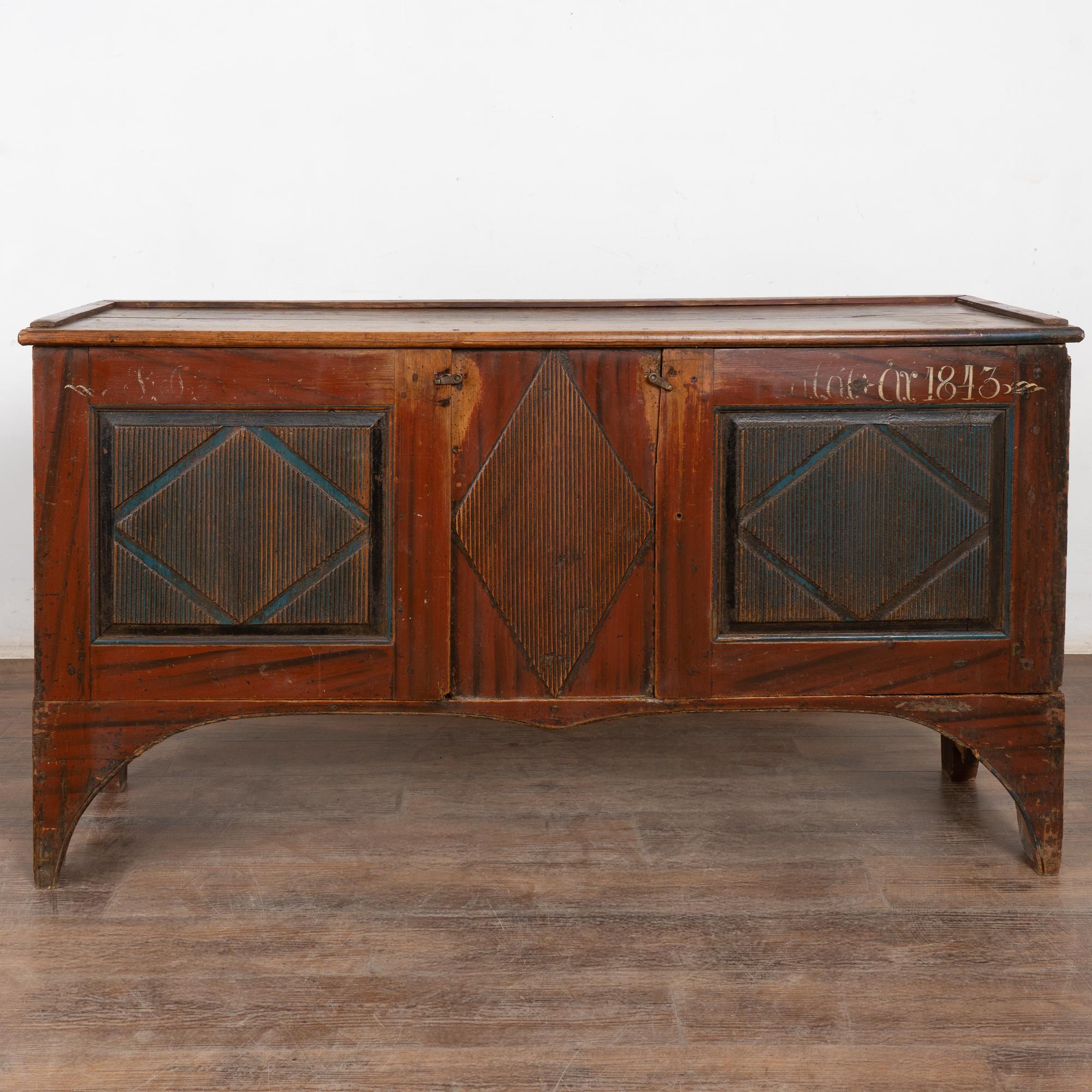 Original Red Painted Swedish Pine Sideboard Cabinet Console Dated 1843 In Fair Condition For Sale In Round Top, TX