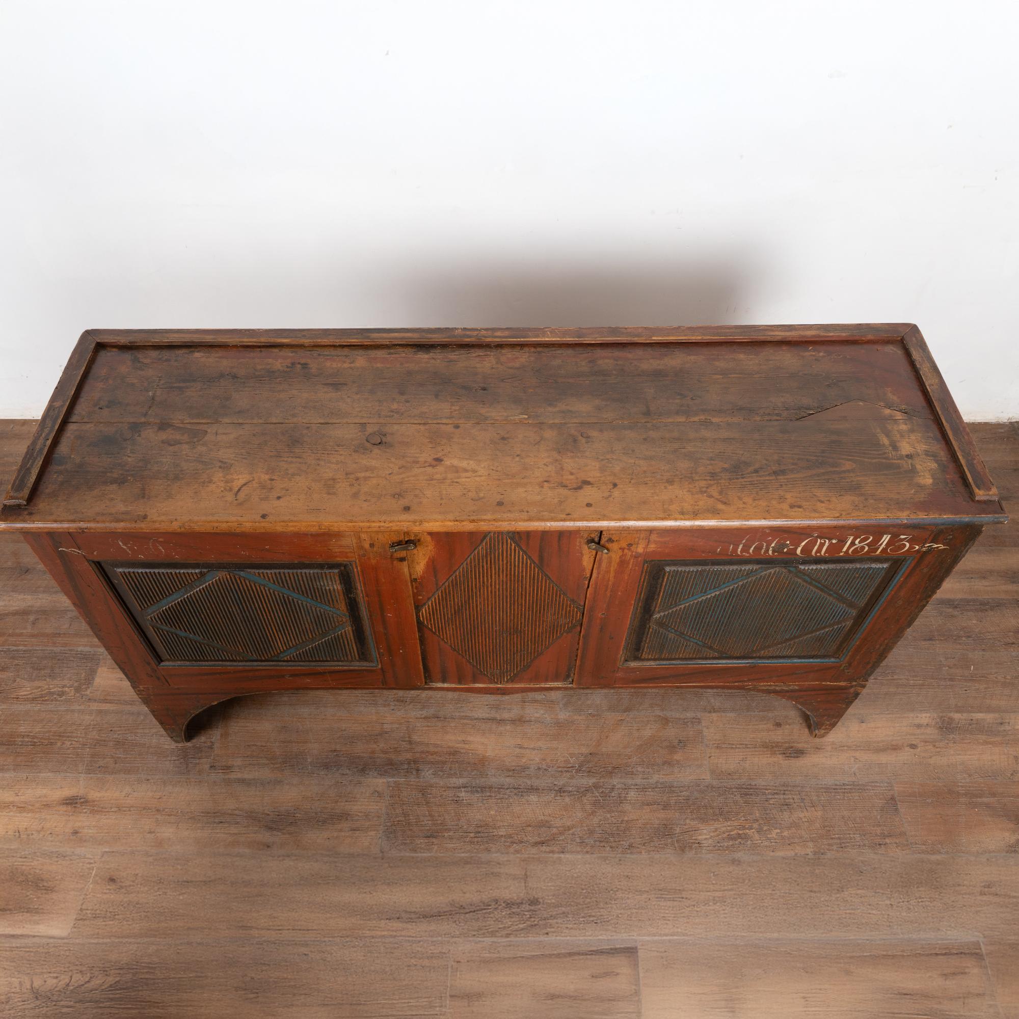 19th Century Original Red Painted Swedish Pine Sideboard Cabinet Console Dated 1843 For Sale