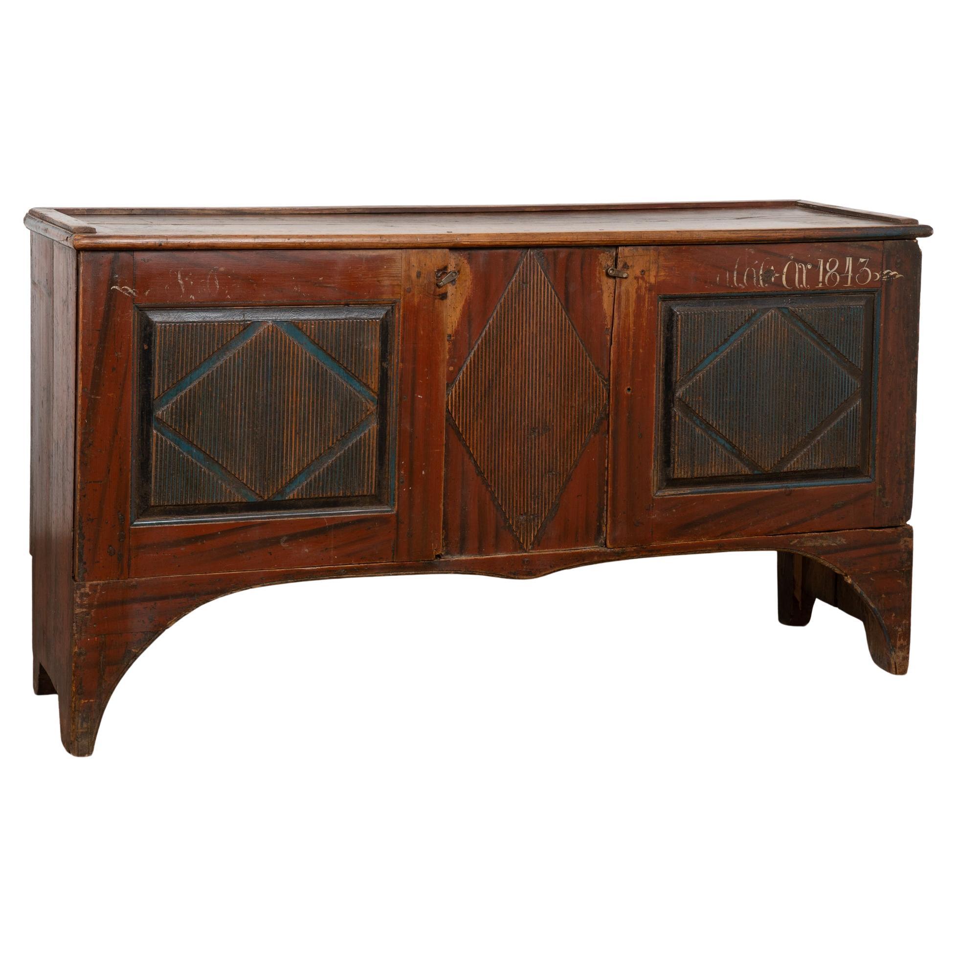 Original Red Painted Swedish Pine Sideboard Cabinet Console Dated 1843