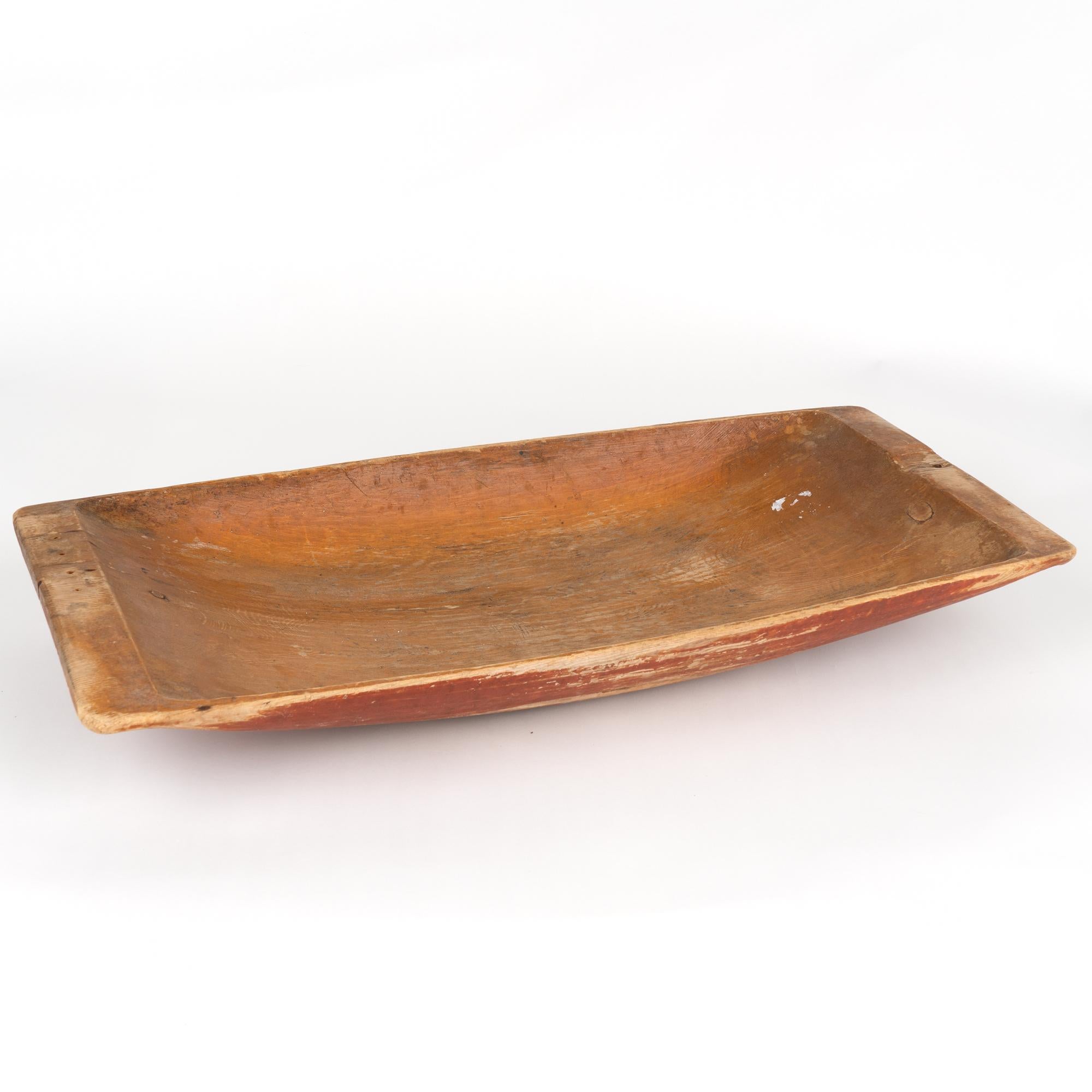 Original Swedish Folk Art pine carved wooden bowl with original red paint and warm patina. These bowls were used throughout families and often passed down generation to next generation. This bowl remains a highly functional item and now serve as a